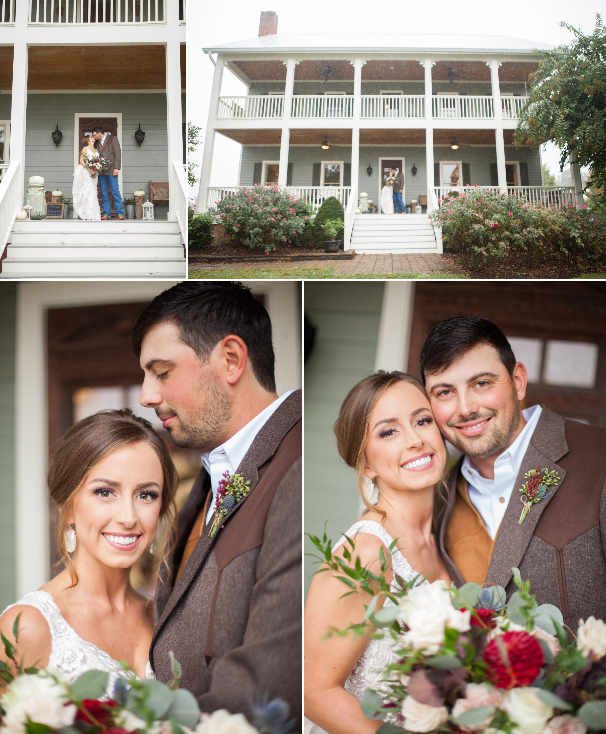 Bride and groom pose for photos on front porch before wedding reception details before wedding ceremony photography at Front Porch Farms, Wedding photography by Krista Lee