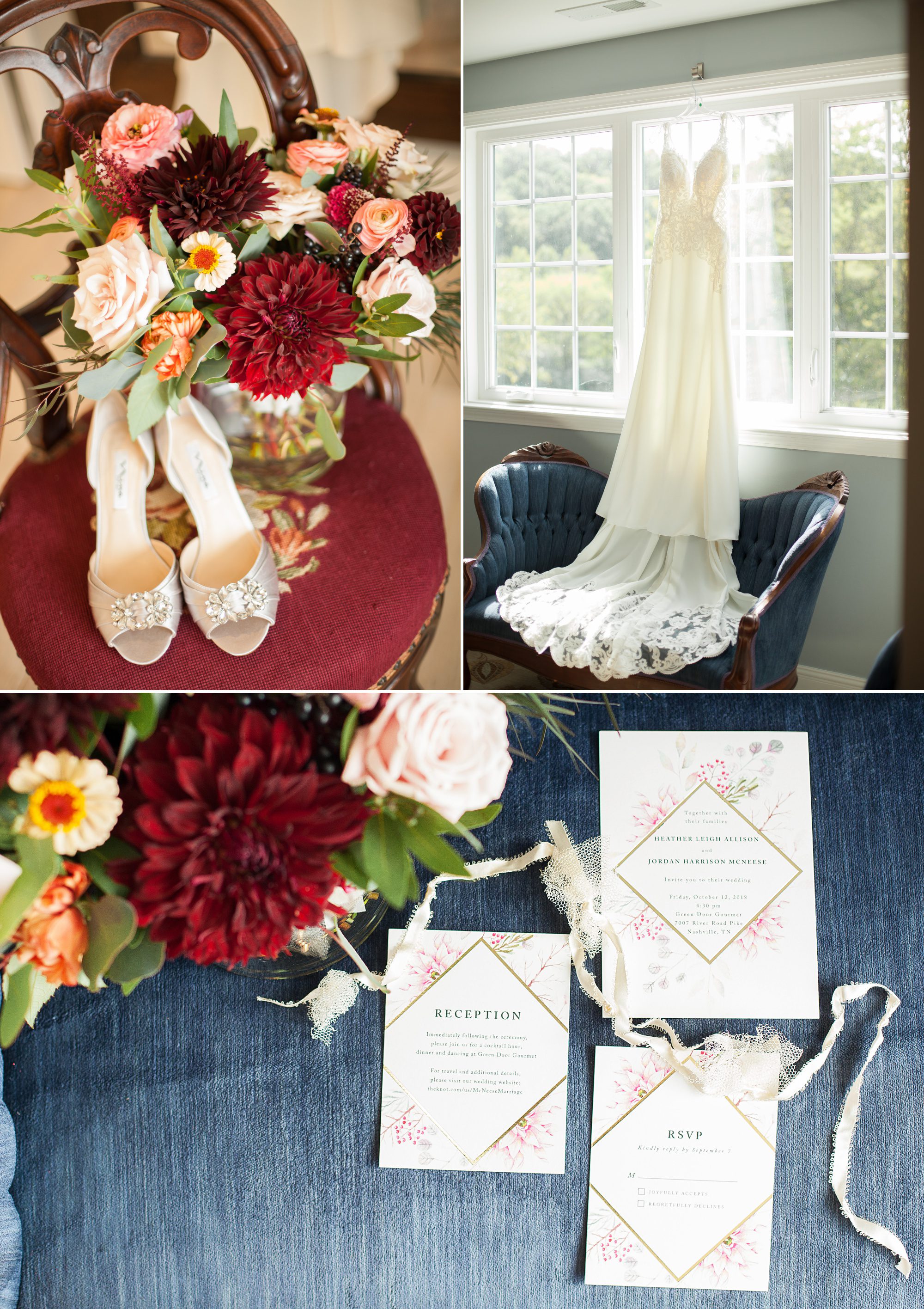 Photography of dress , bouquet, and invitation photos before wedding ceremony photography at Green Door Gourmet in Nashville, TN