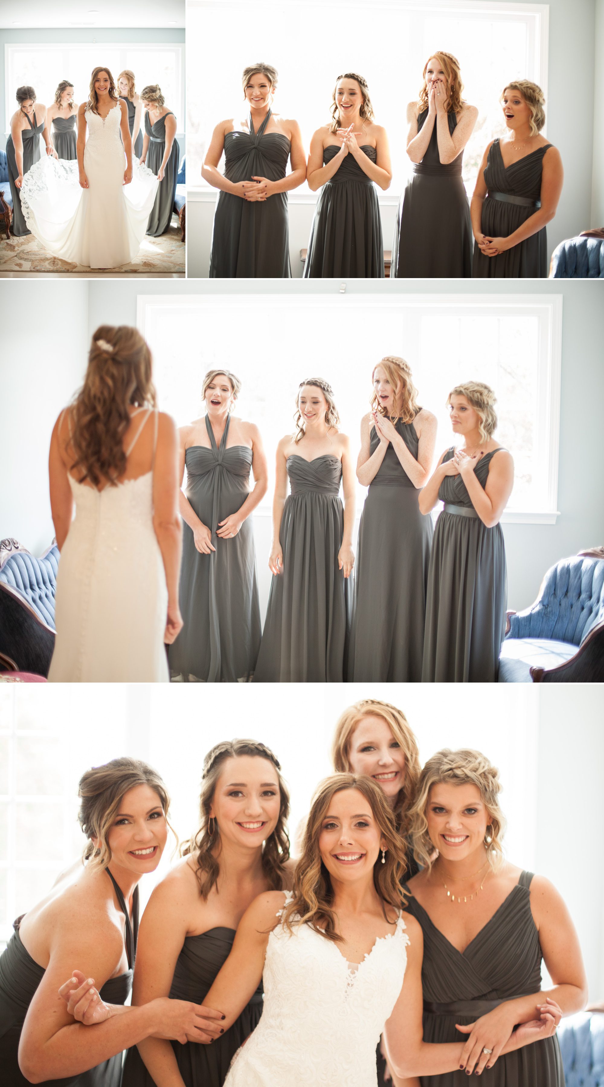 Bride shows dress to bridesmaids and group photos before wedding ceremony photography at Green Door Gourmet in Nashville, TN