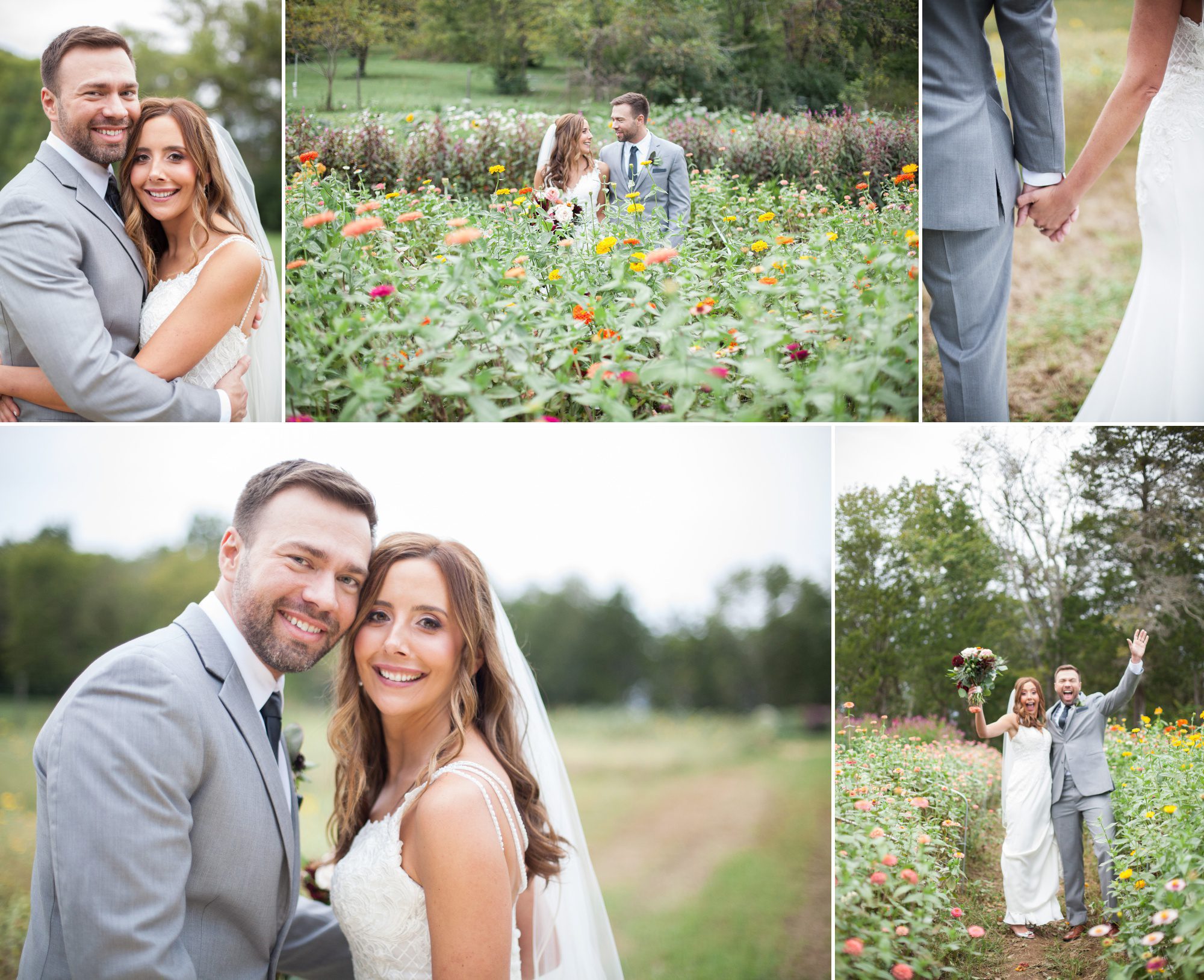 Bride and groom pose for photos in flowers after wedding ceremony at Green Door Gourmet wedding in Nashville, TN