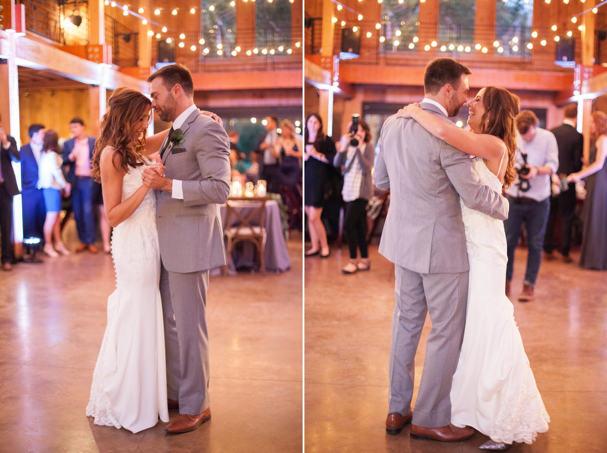 bride and groom share a first dance at the reception in grand barn after wedding ceremony at Green Door Gourmet wedding in Nashville, TN