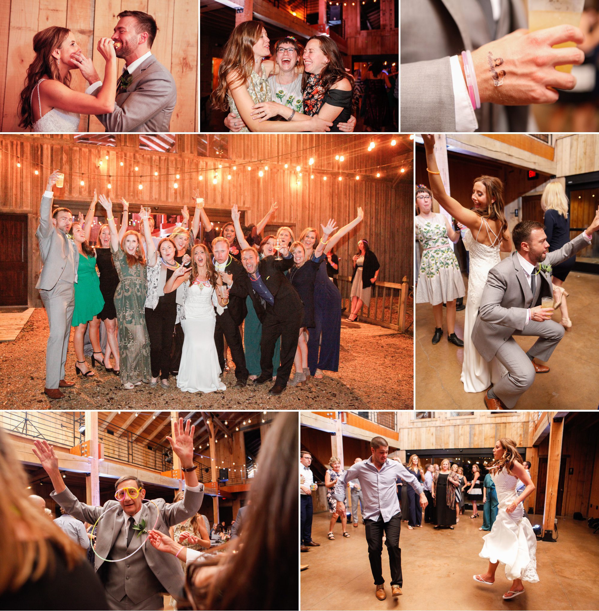Guests at reception in grand barn and dancing after wedding ceremony at Green Door Gourmet wedding in Nashville, TN