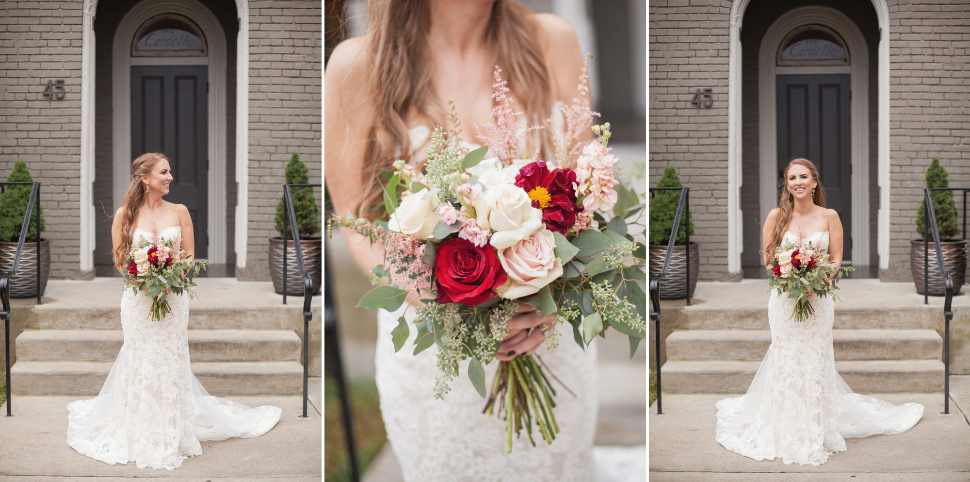 Bride holds bouquet before ceremony at Caitlin and Brett's Fall Wedding at Cordelle Nashville TN. Planner Ellen Hollis, photographer Krista Lee Photography. 