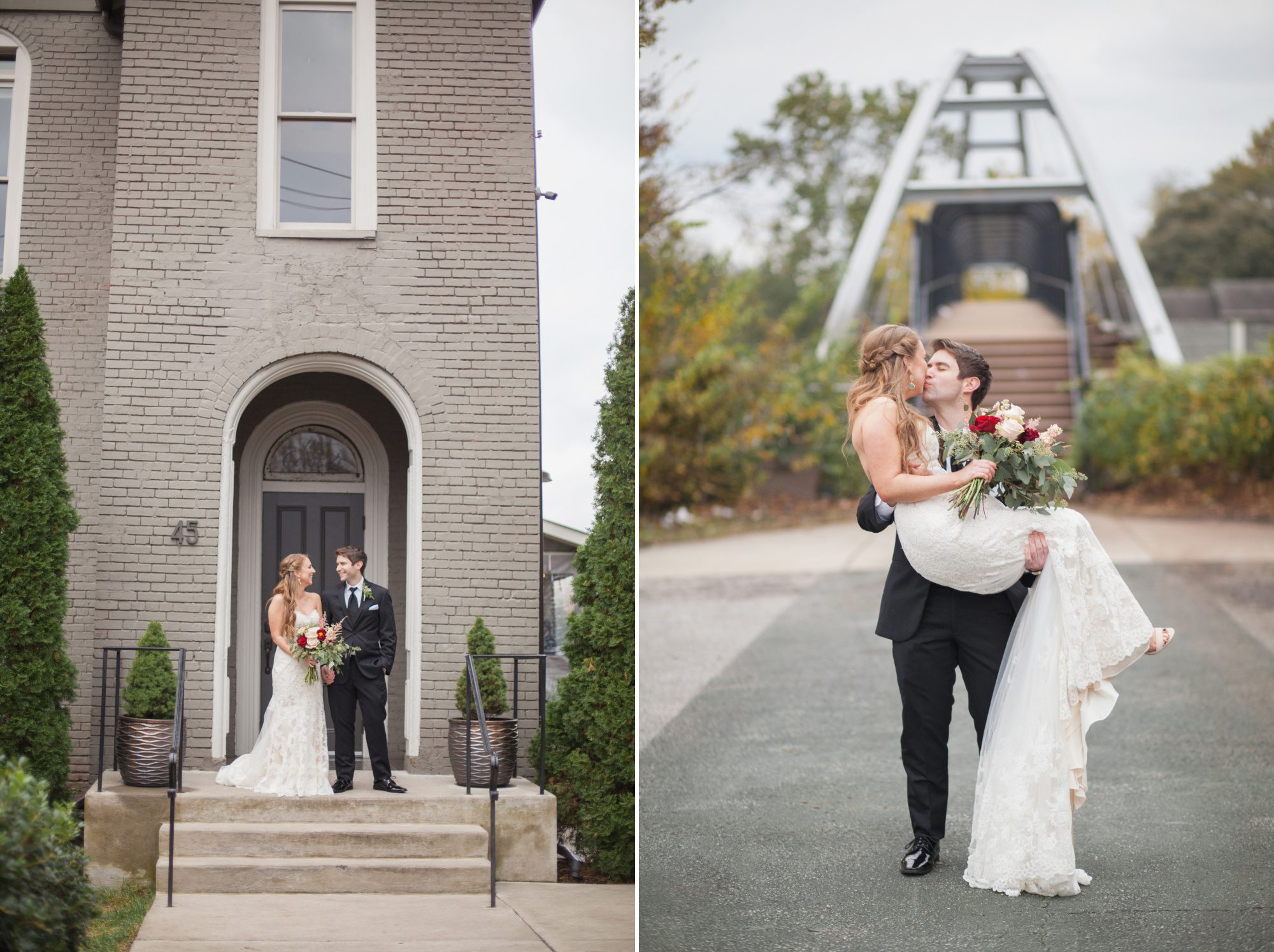 Bride and groom do a few outdoor photos before ceremony at Caitlin and Brett's Fall Wedding at Cordelle Nashville TN. Planner Ellen Hollis, photographer Krista Lee Photography. 