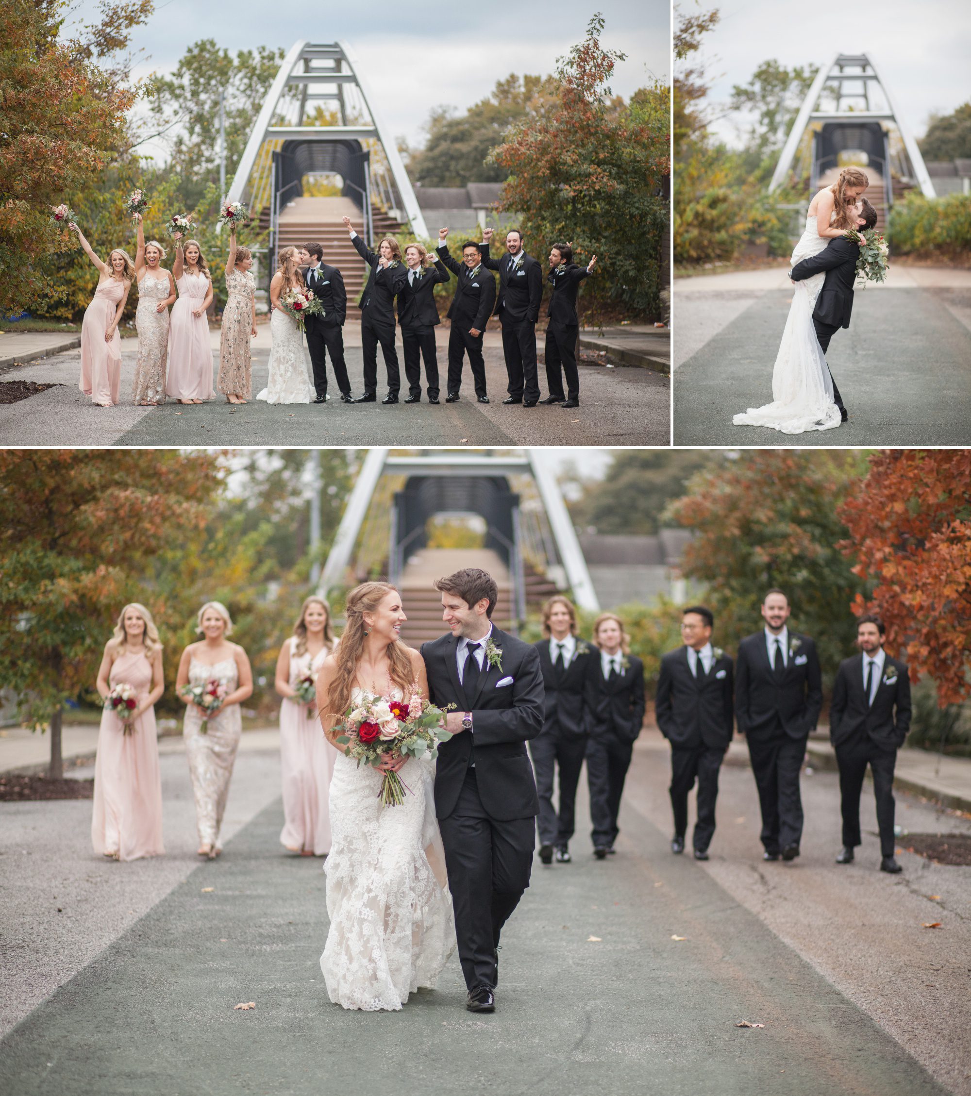 Bride and groom with wedding party outside before ceremony at Caitlin and Brett's Fall Wedding at Cordelle Nashville TN. Planner Ellen Hollis, photographer Krista Lee Photography. 