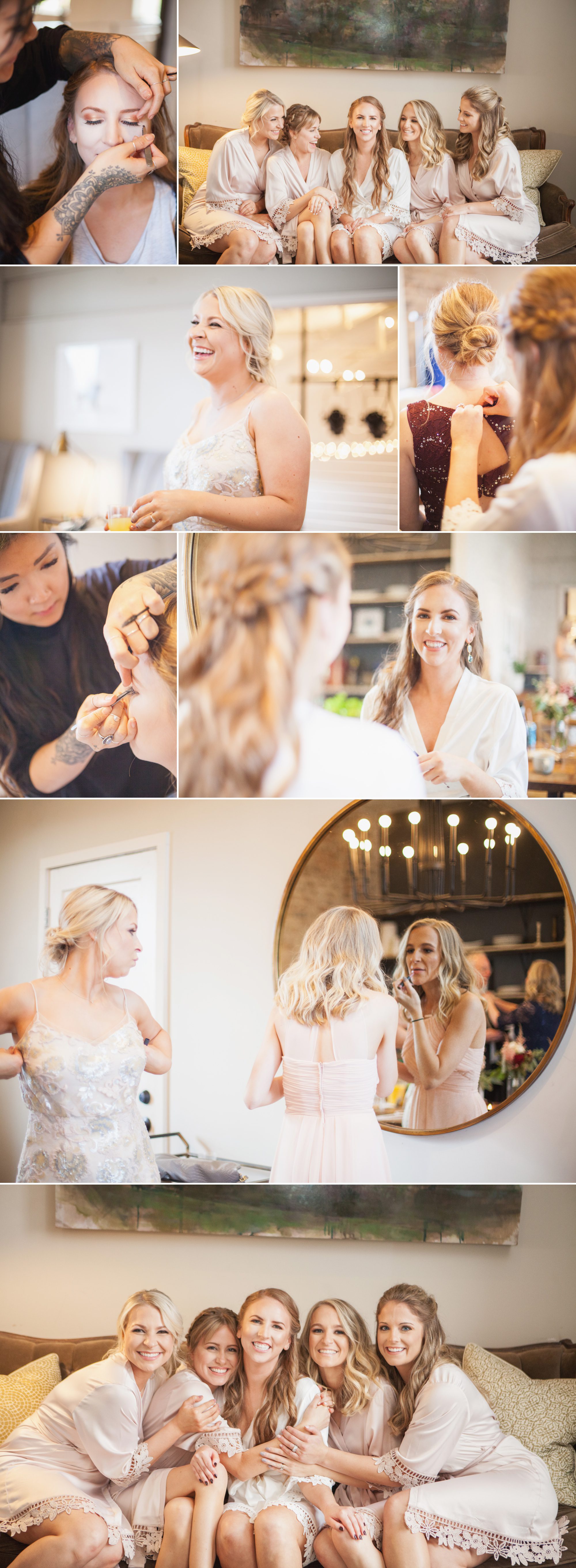 Bridesmaids get ready and put on makeup, dresses at Caitlin and Brett's Fall Wedding at Cordelle Nashville TN. Planner Ellen Hollis, photographer Krista Lee Photography. 