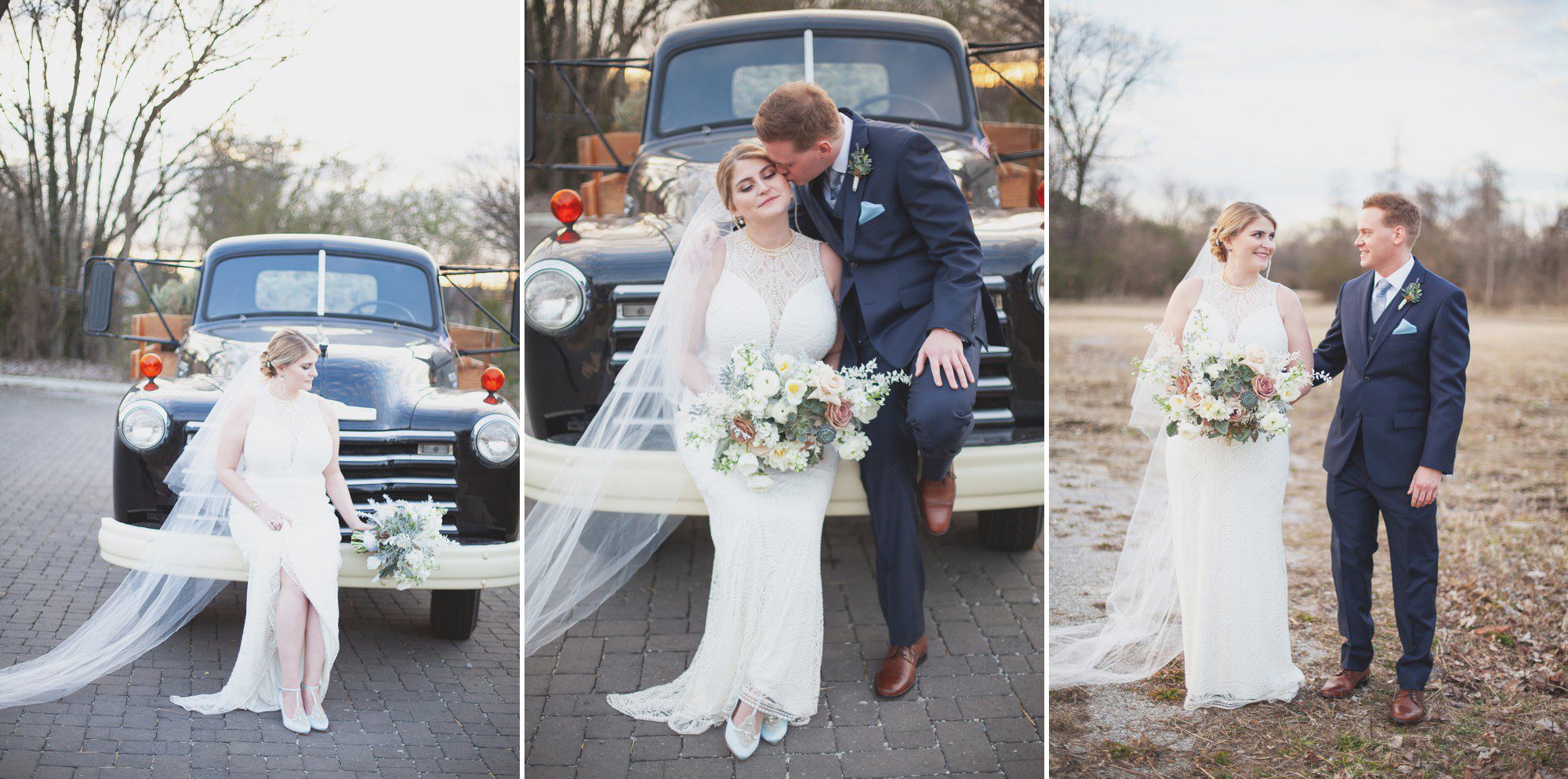 Bride and groom photos with vintage truck at McConnell House in Franklin, TN before wedding ceremony. Photos by Krista Lee Photography Nashville, TN