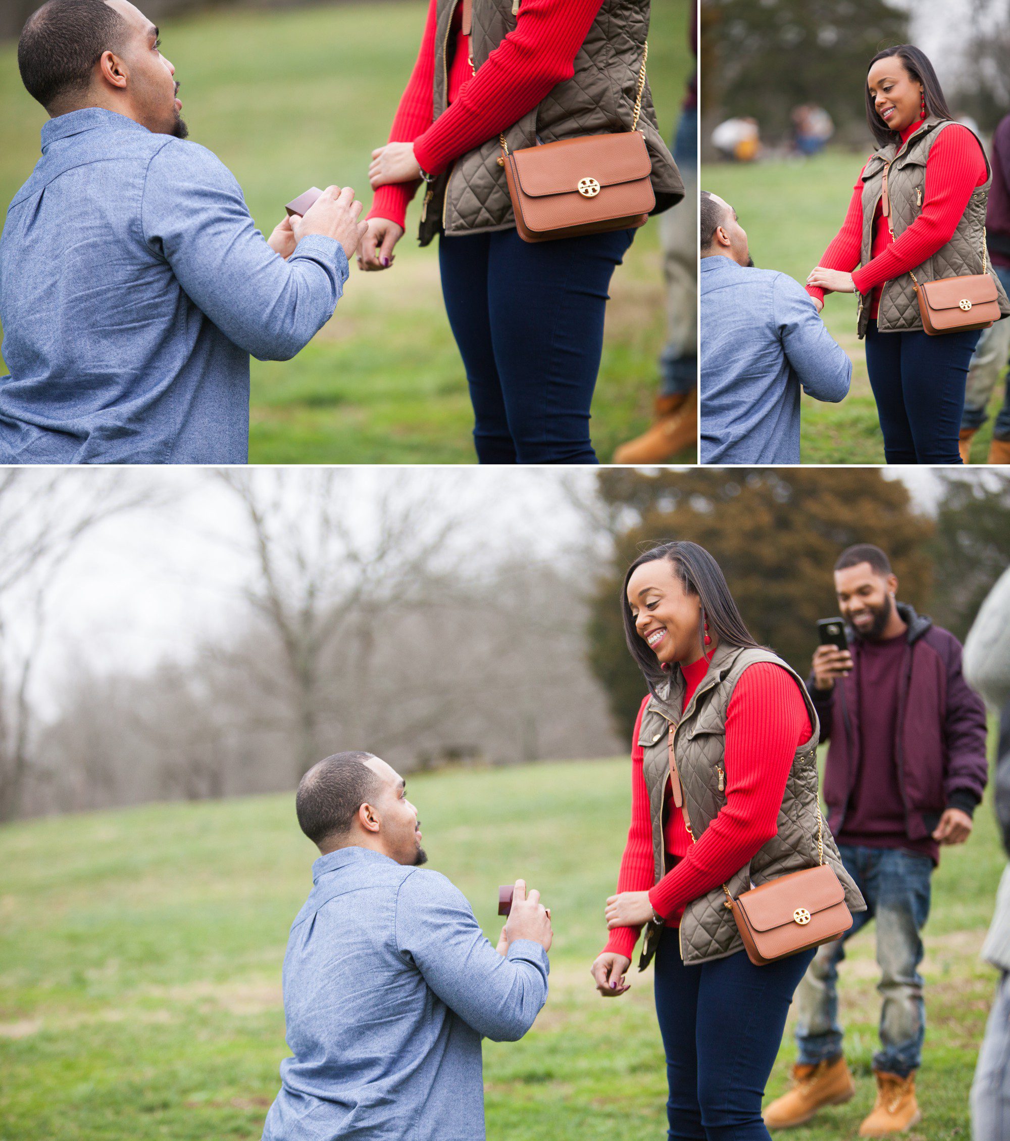 Nick proposing on one knee. From Nick and Tiffany's surprise proposal at Arrington Vineyards just outside of Nashville TN 