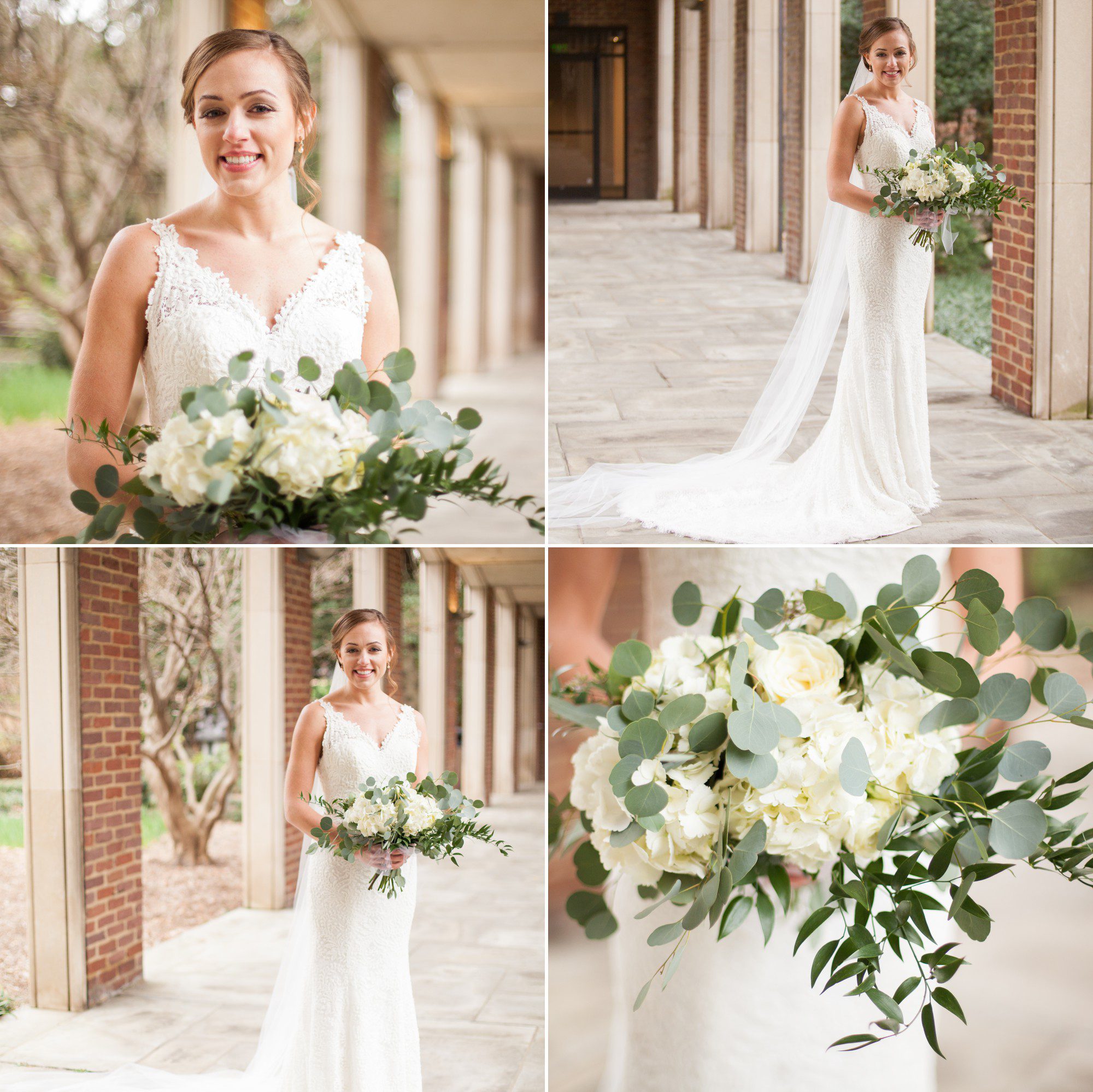 Bride in courtyard before the wedding ceremony at Benton Chapel in Nashville TN. Wedding photography by Krista Lee.