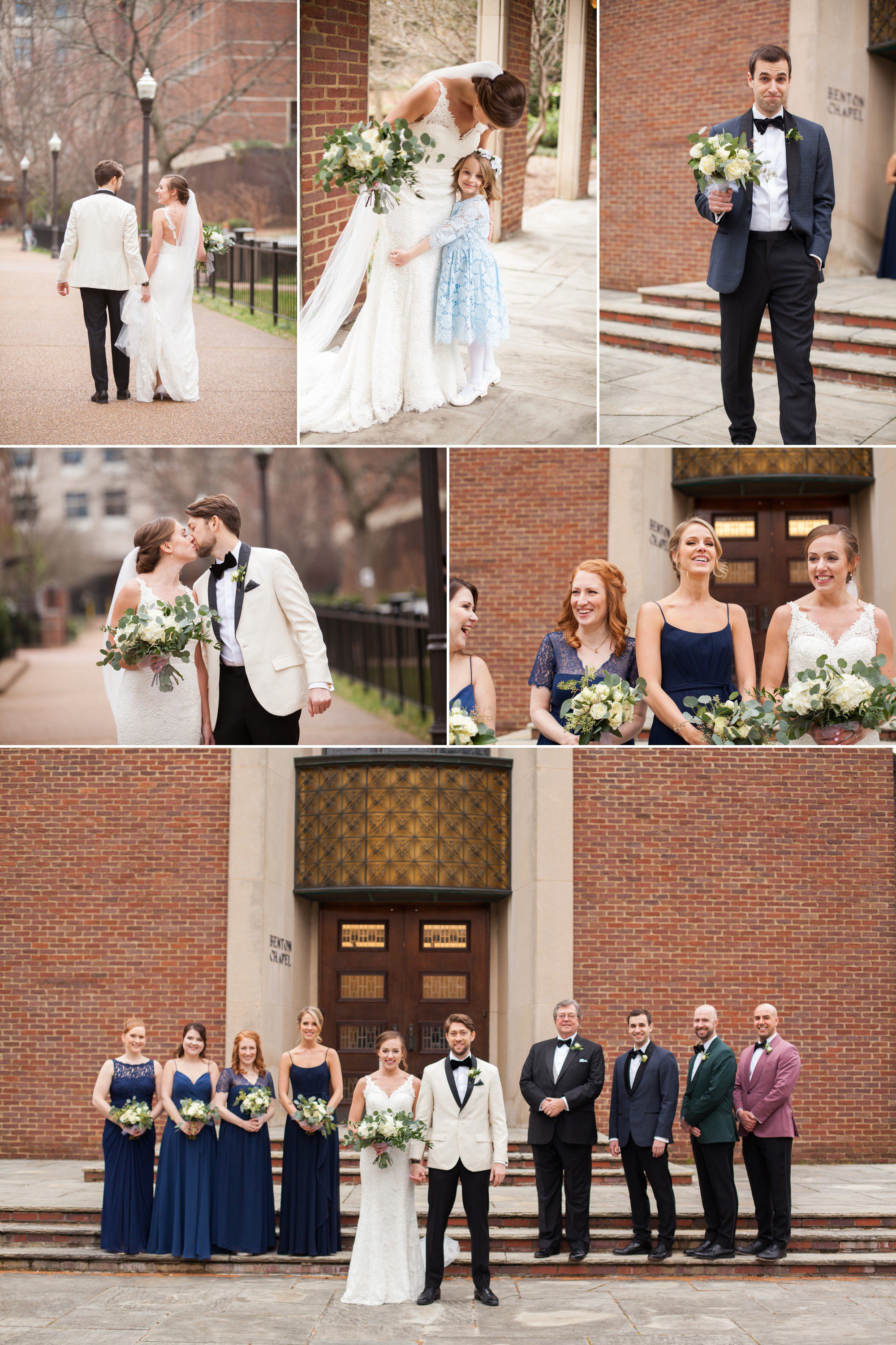Bridal party photos with bride and groom before the wedding ceremony at Benton Chapel in Nashville TN. Wedding photography by Krista Lee.