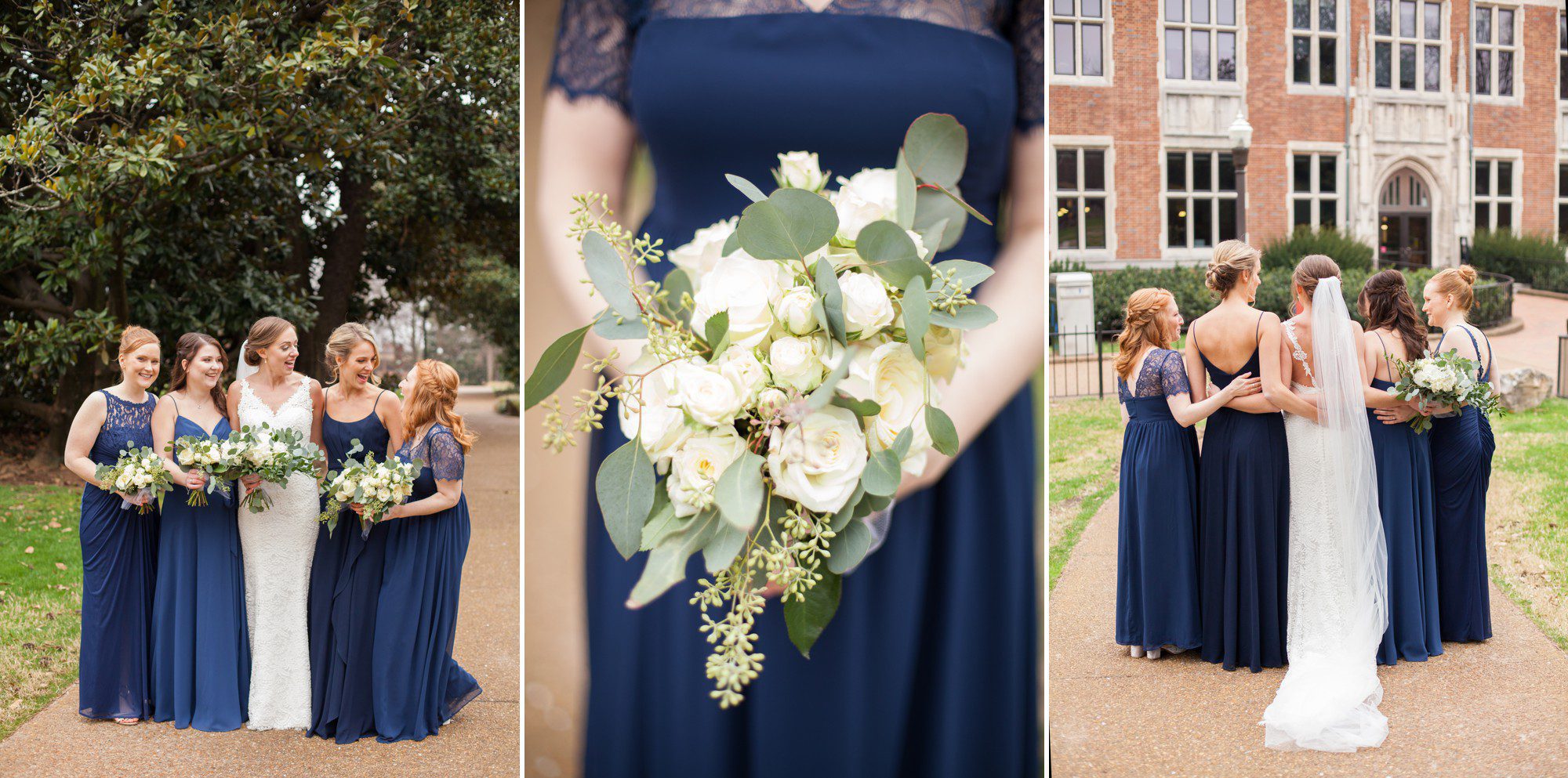 Bridesmaids in regal blue dresses outside church before the wedding ceremony at Benton Chapel in Nashville TN. Wedding photography by Krista Lee.