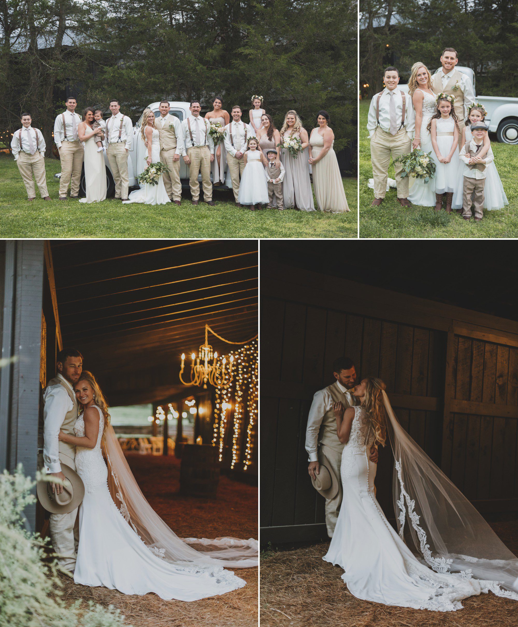 Bridal party by truck and bride and groom in barn with cowboy hat after before the wedding ceremony at Cedarwood weddings in Nashville, TN. April spring wedding, photos by Krista Lee Photography.