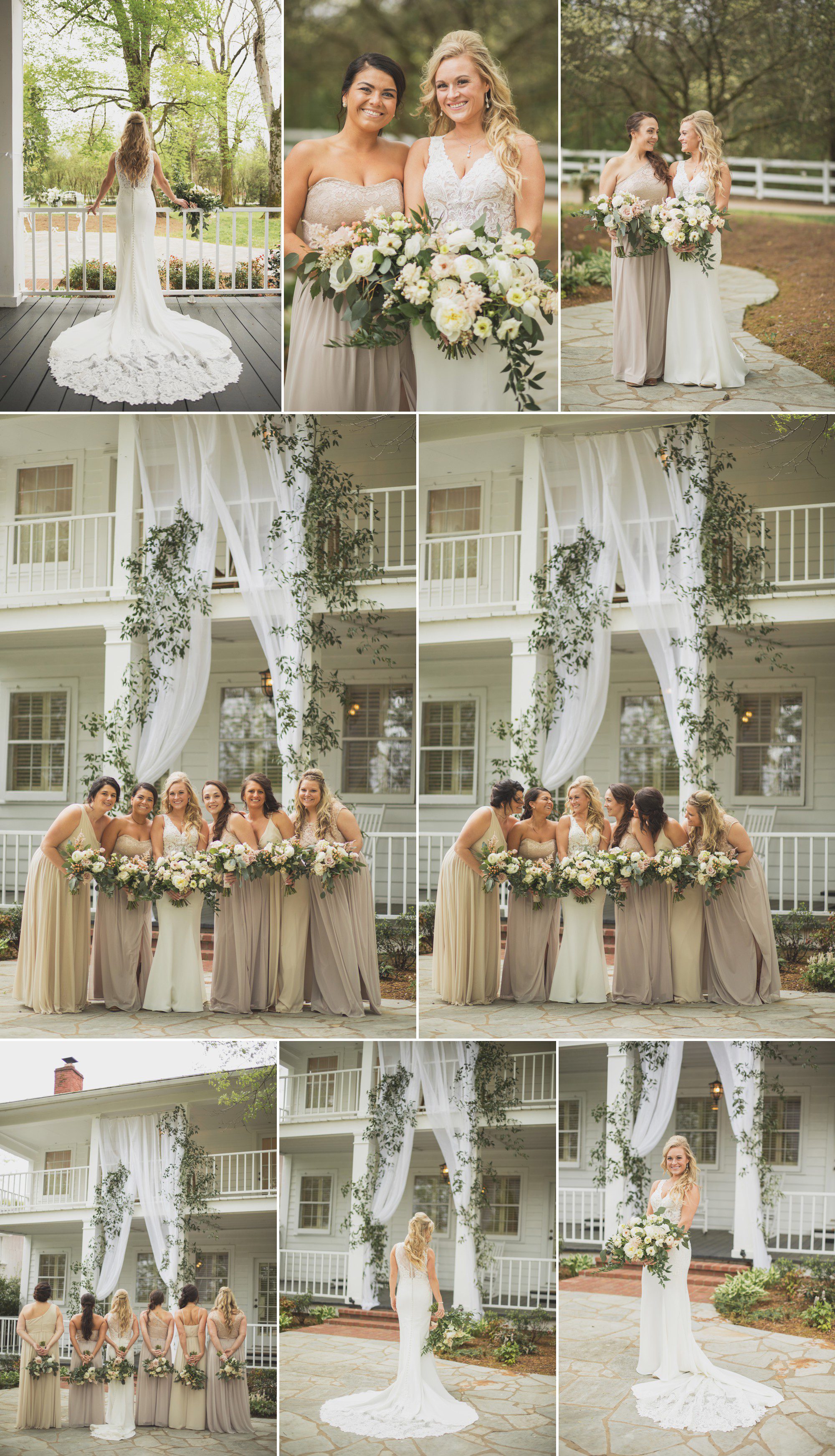 bridesmaids and bride on front porch before wedding 