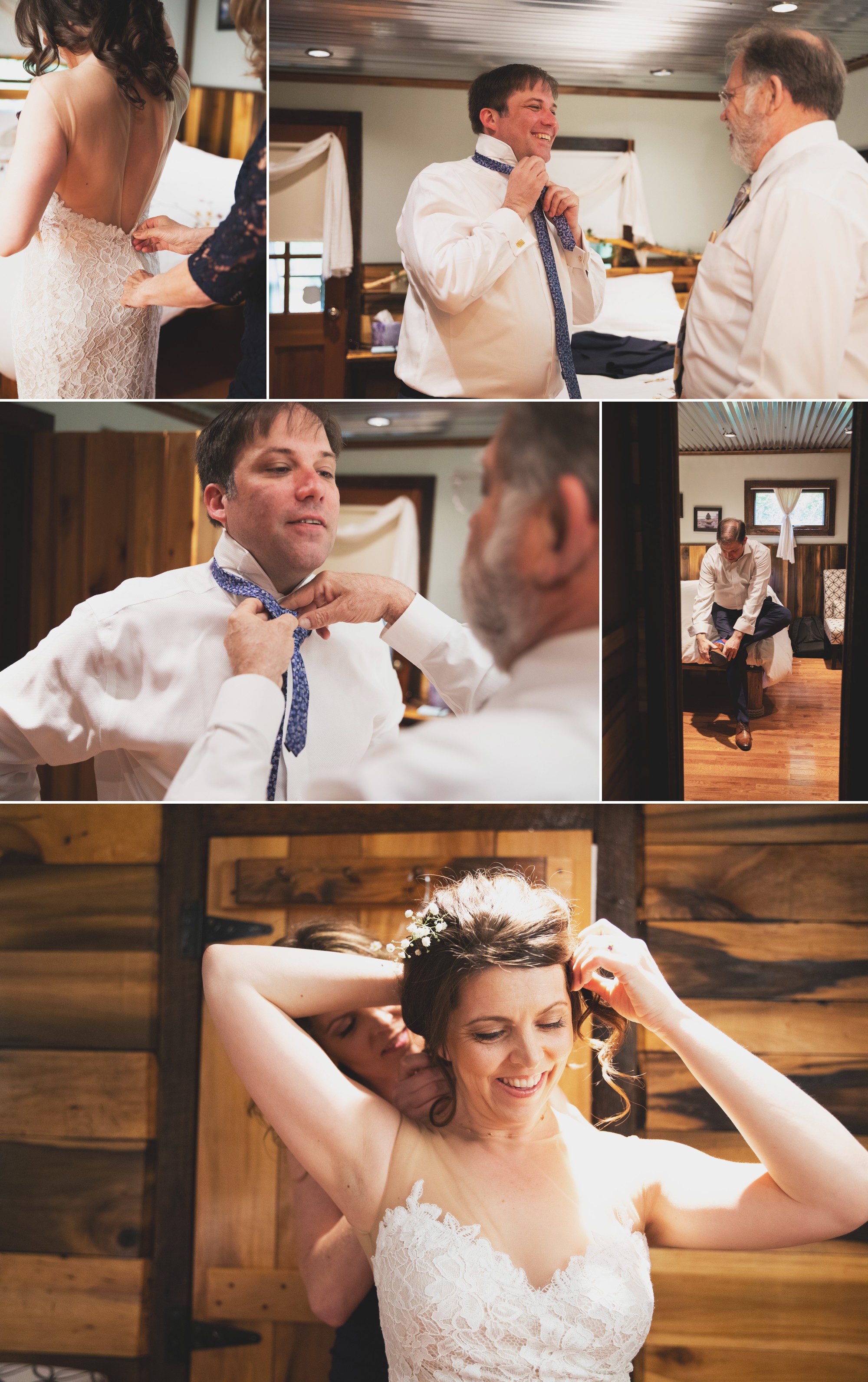 Bride and groom get ready in cabin before elopement wedding ceremony at Butterfly Hollow in Gordonsville, TN. Photos by Krista Lee Photography. 