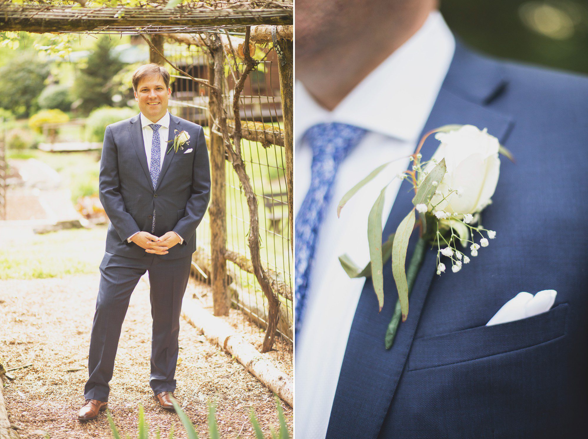 Groom stands under pergola before elopement wedding ceremony at Butterfly Hollow in Gordonsville, TN. Photos by Krista Lee Photography. 