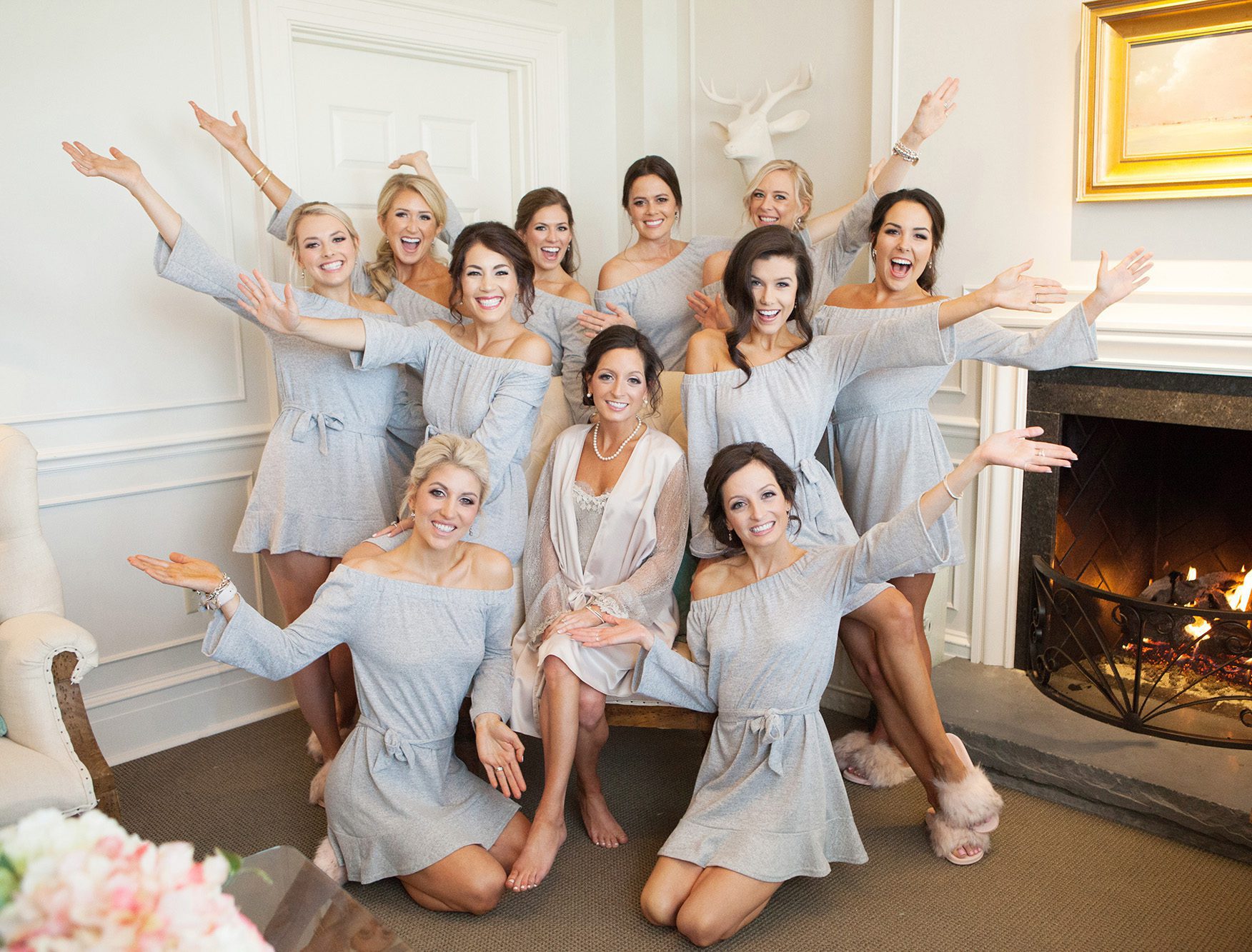 bride and bridesmaids robe and dresses getting ready 
