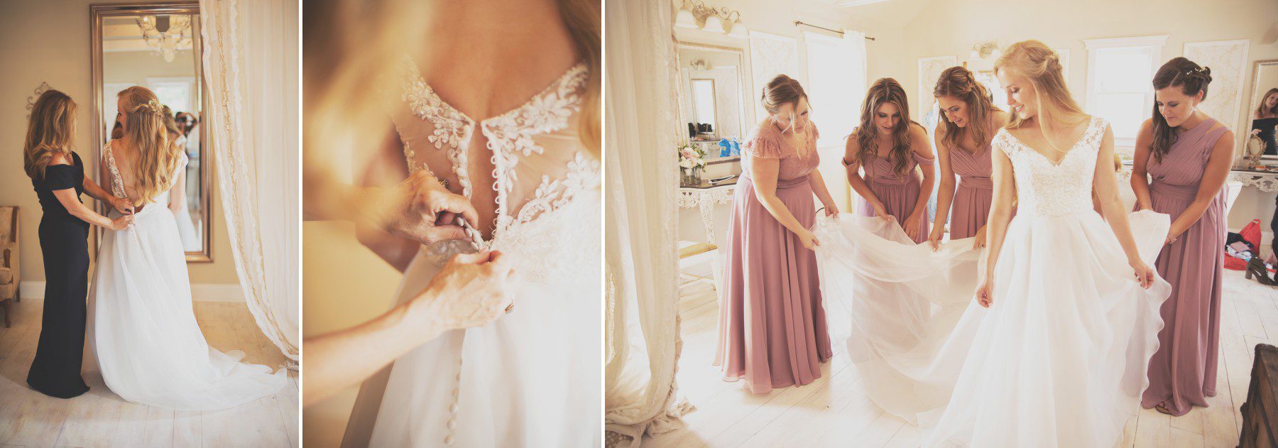 Mom helps bride get into dress before wedding ceremony