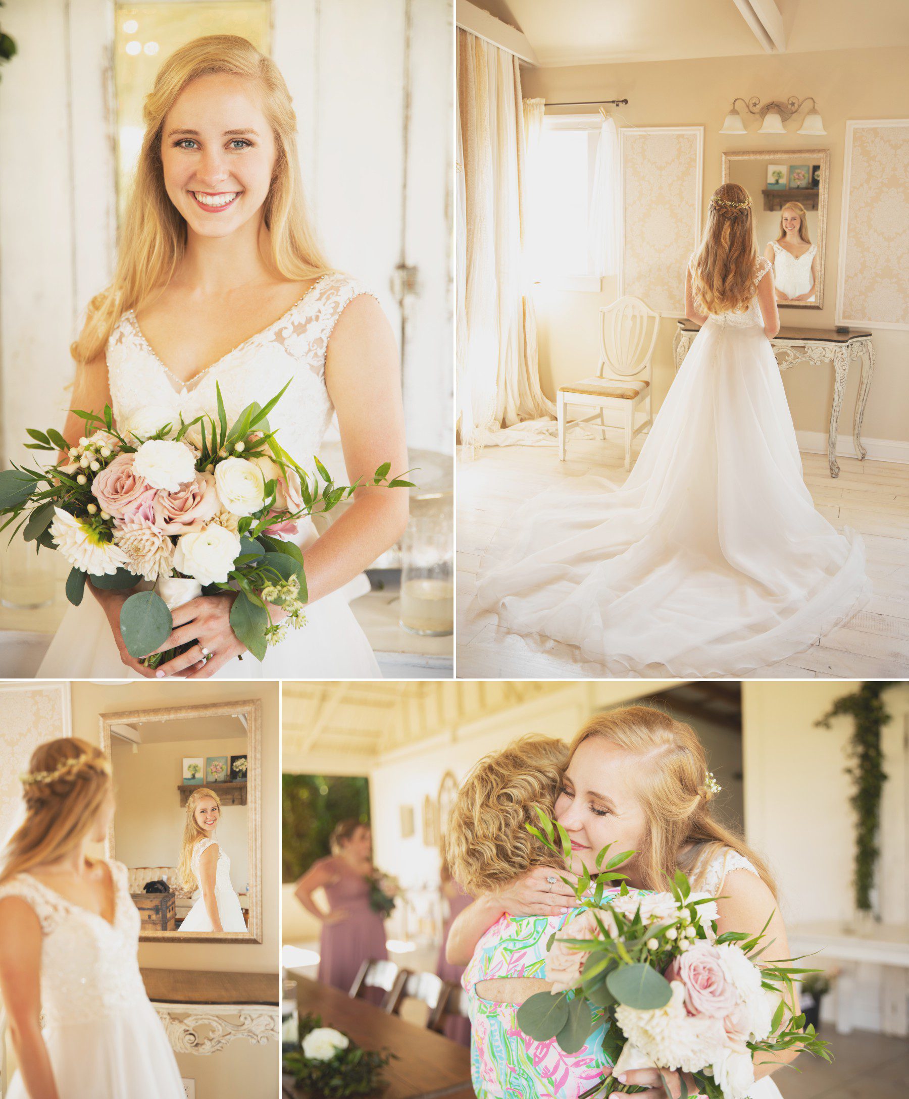 Bride hugs friend and gets ready in Bridal suite
