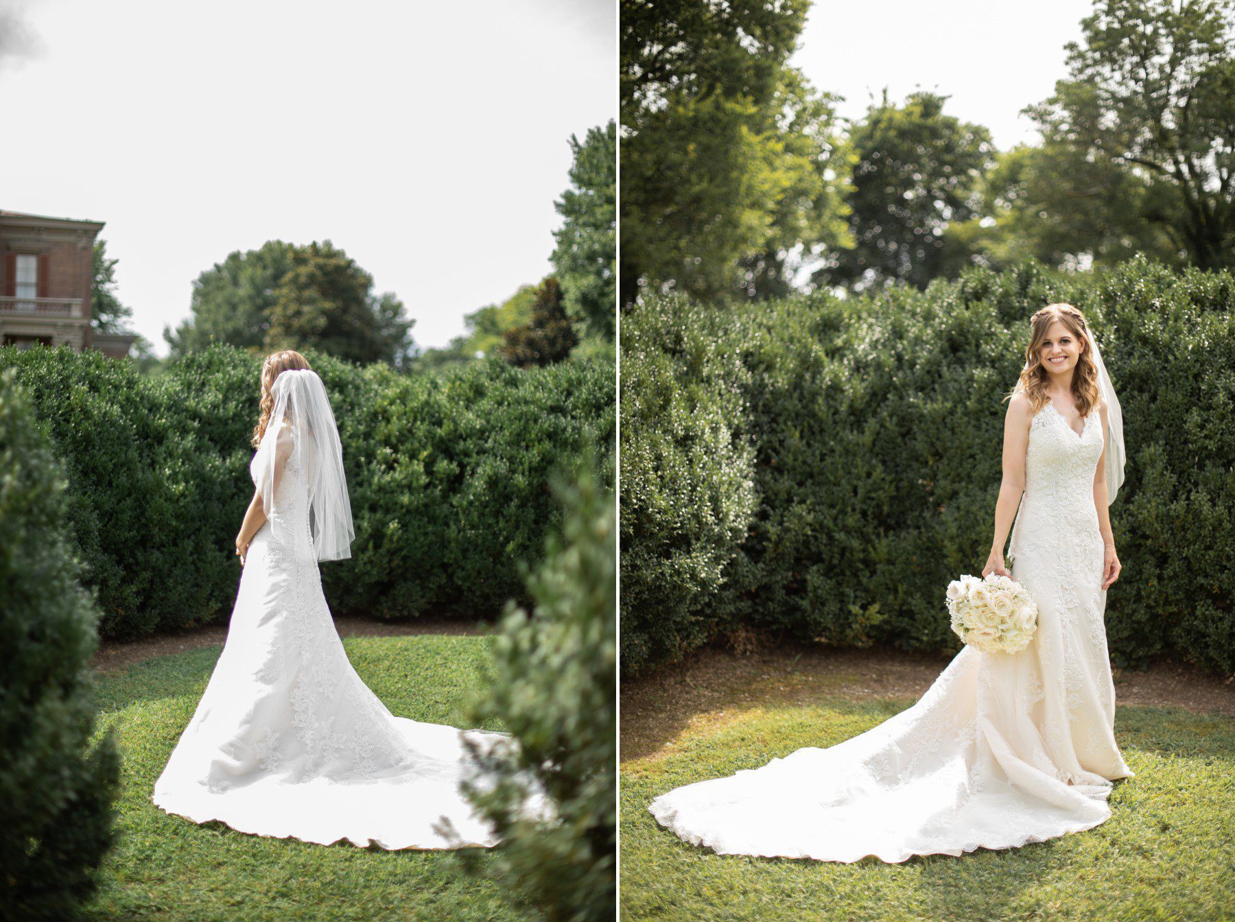 Bride in Boxwood Gardens at Two Rivers Mansion wedding
