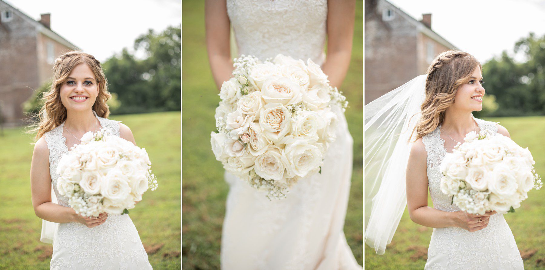 Close up photos of bride holding flowers in lawn at Two Rivers Mansion