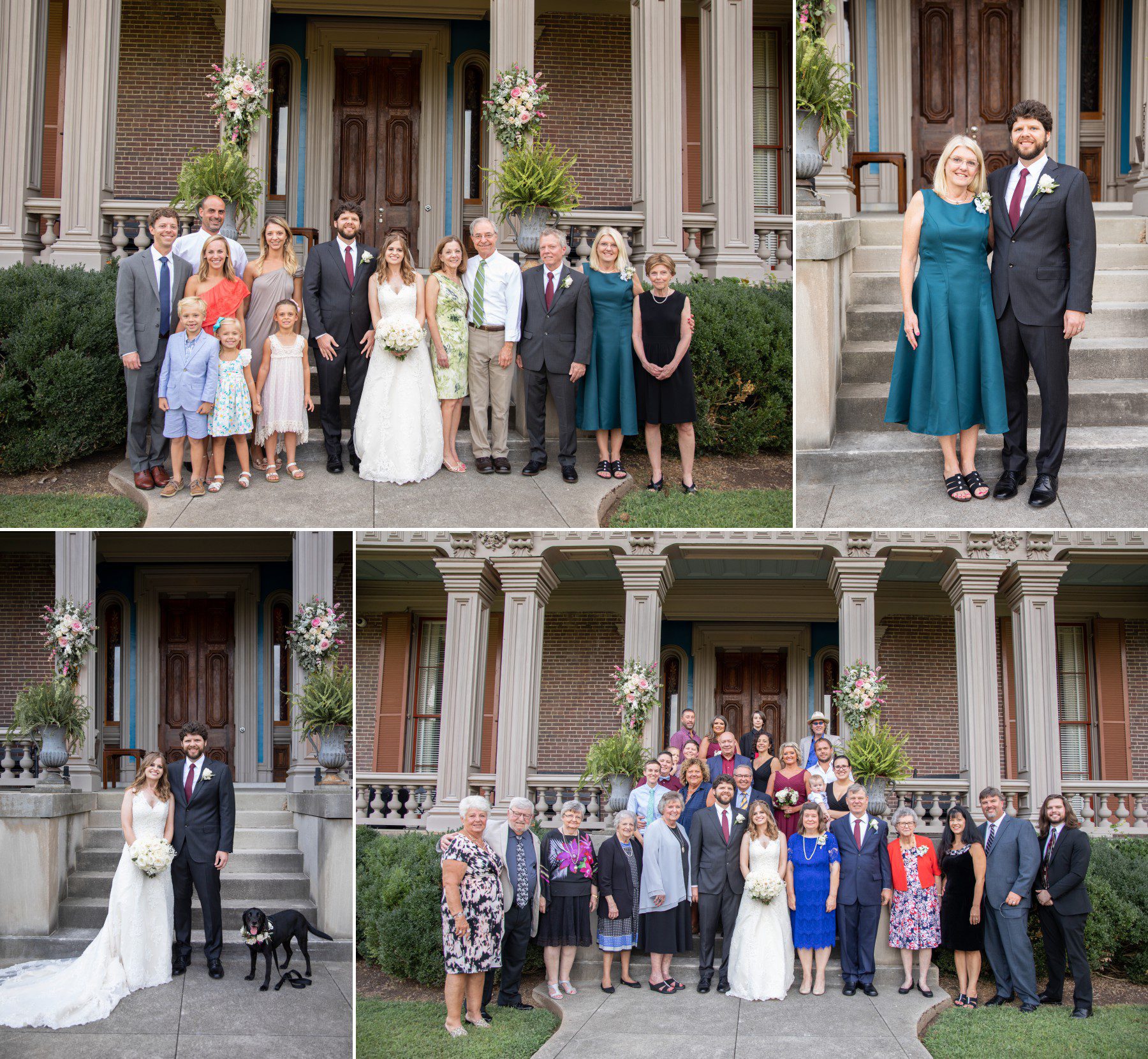 Family and group photos in front of Two Rivers Mansion after wedding