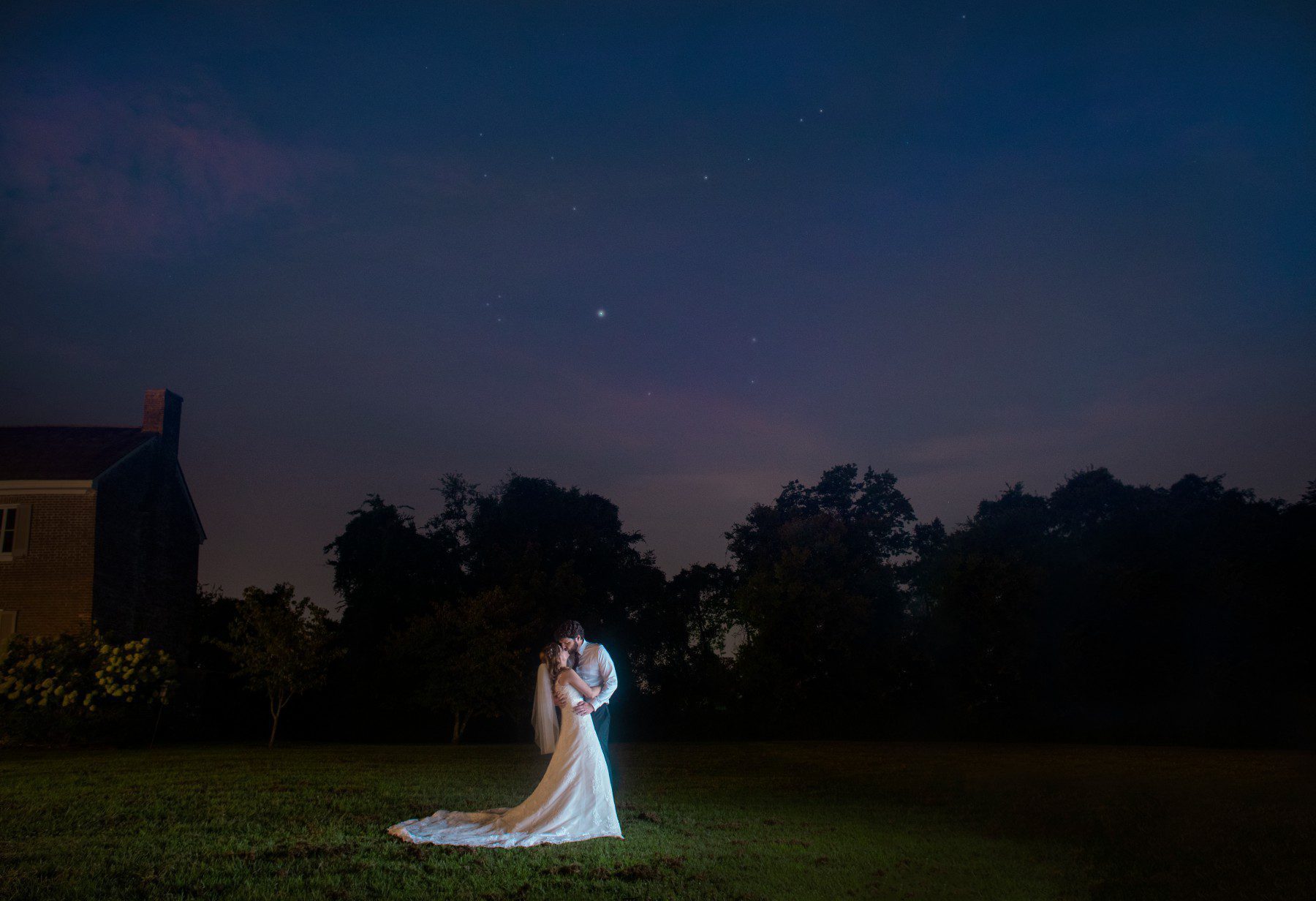 bride and groom night photo under the stars at Two Rivers Mansion in Nashville TN