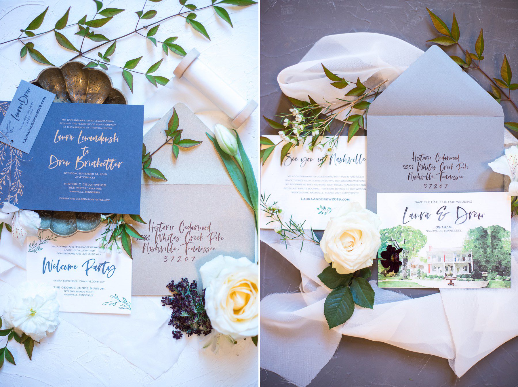 beautiful invitations and save the dates before wedding at cedarwood nashville TN, photos by Krista Lee