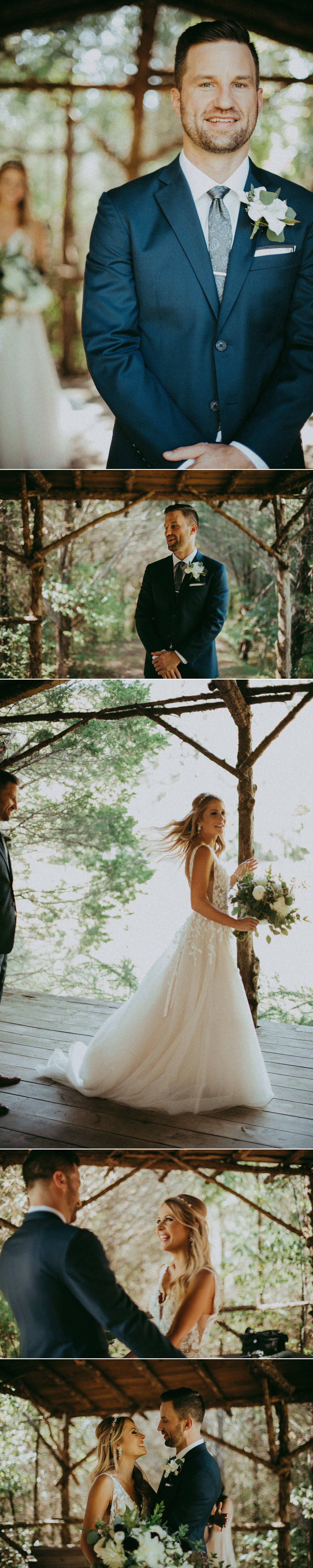 bride and groom do first look in treehouse before wedding at cedarwood nashville TN, photos by Krista Lee