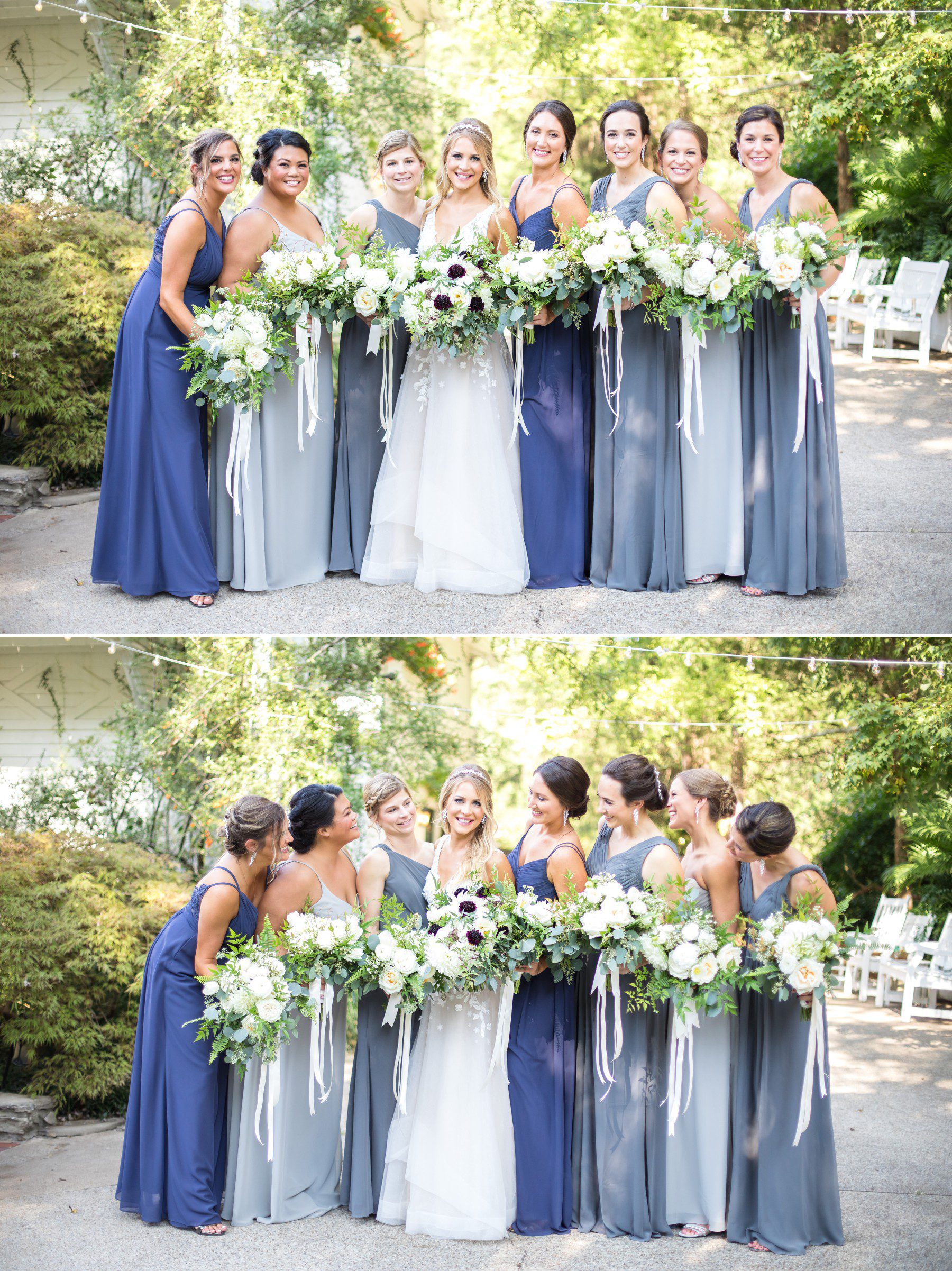 bride and bridesmaids in azazie gowns with bouquets before wedding at cedarwood nashville TN, photos by Krista Lee