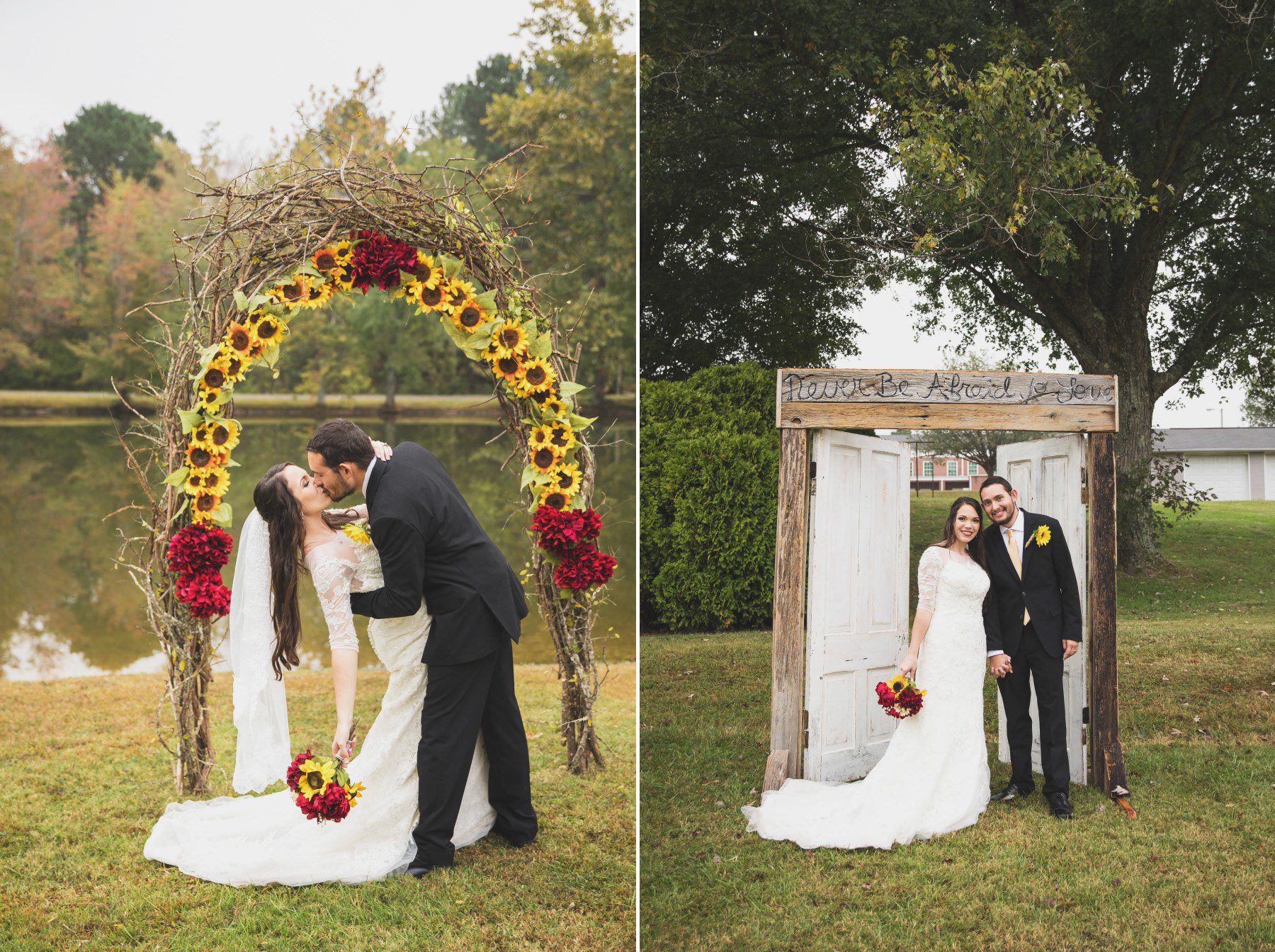 fall wedding arbor with sunflowers natural sticks