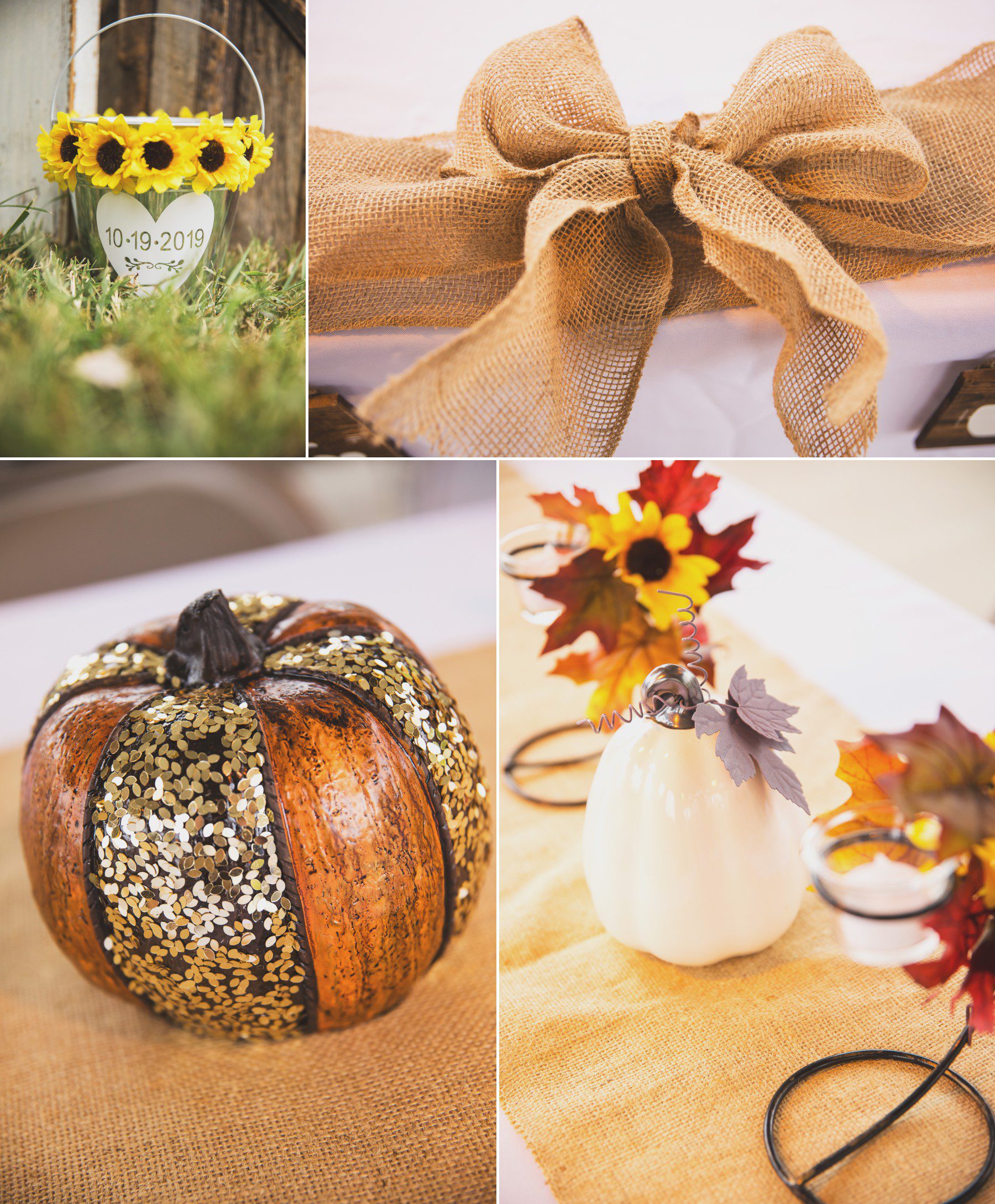 DIY fall wedding details sunflowers burlap sequin pumpkins