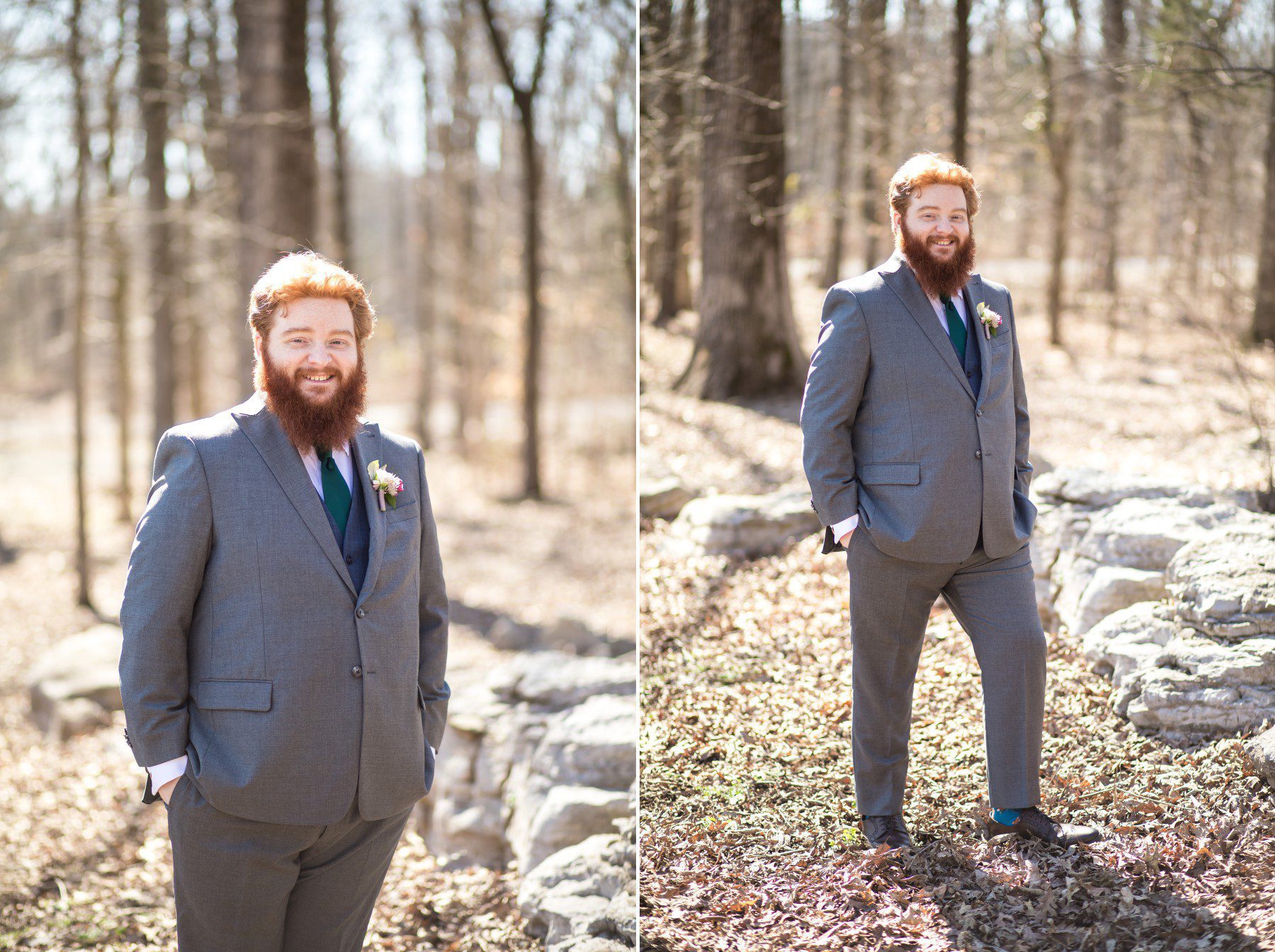 Men's Warehouse wedding groom in gray 3-piece suit teal tie 