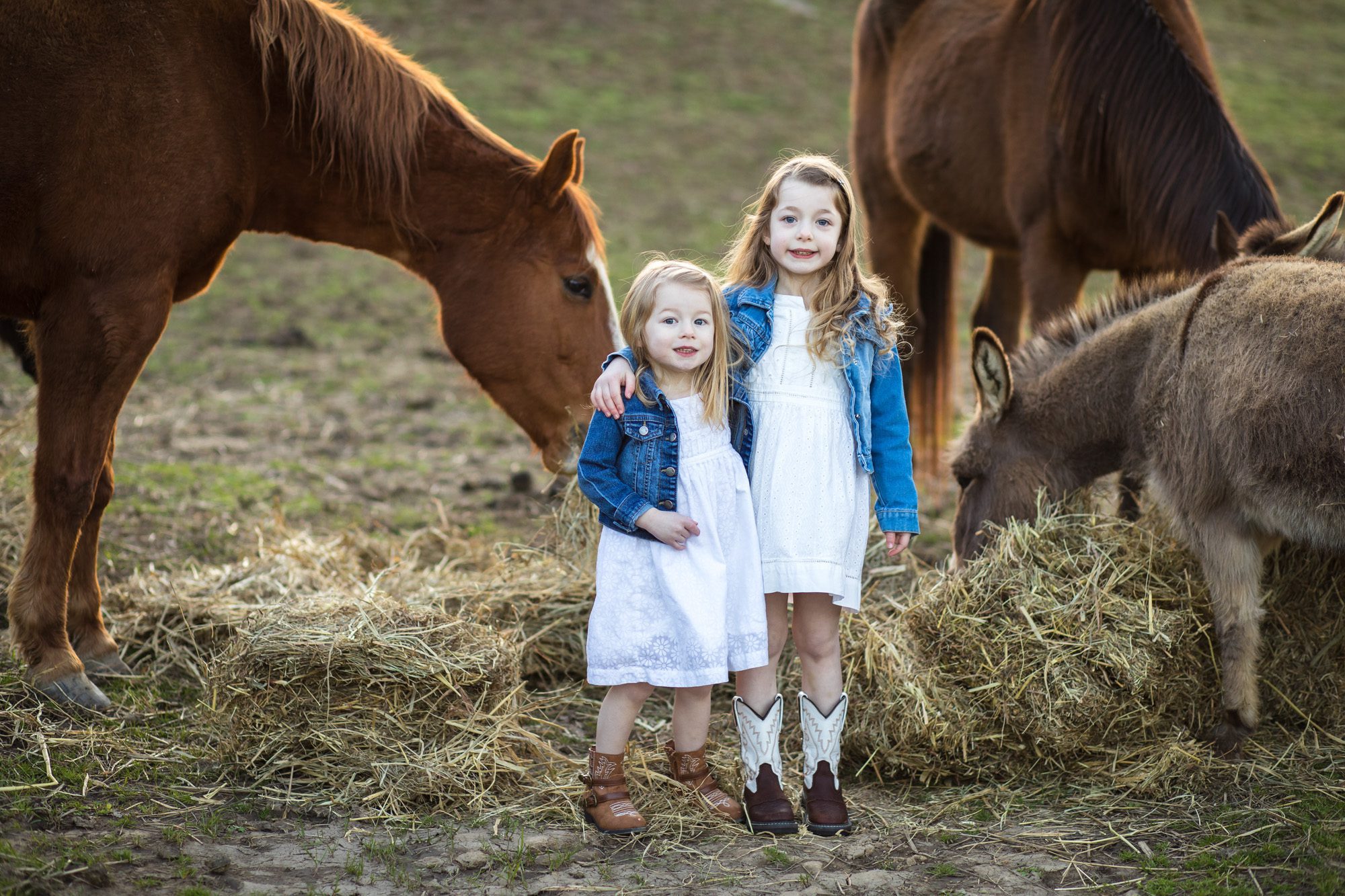 Girls with horses, Children's farm portrait photography, family portrait location ideas