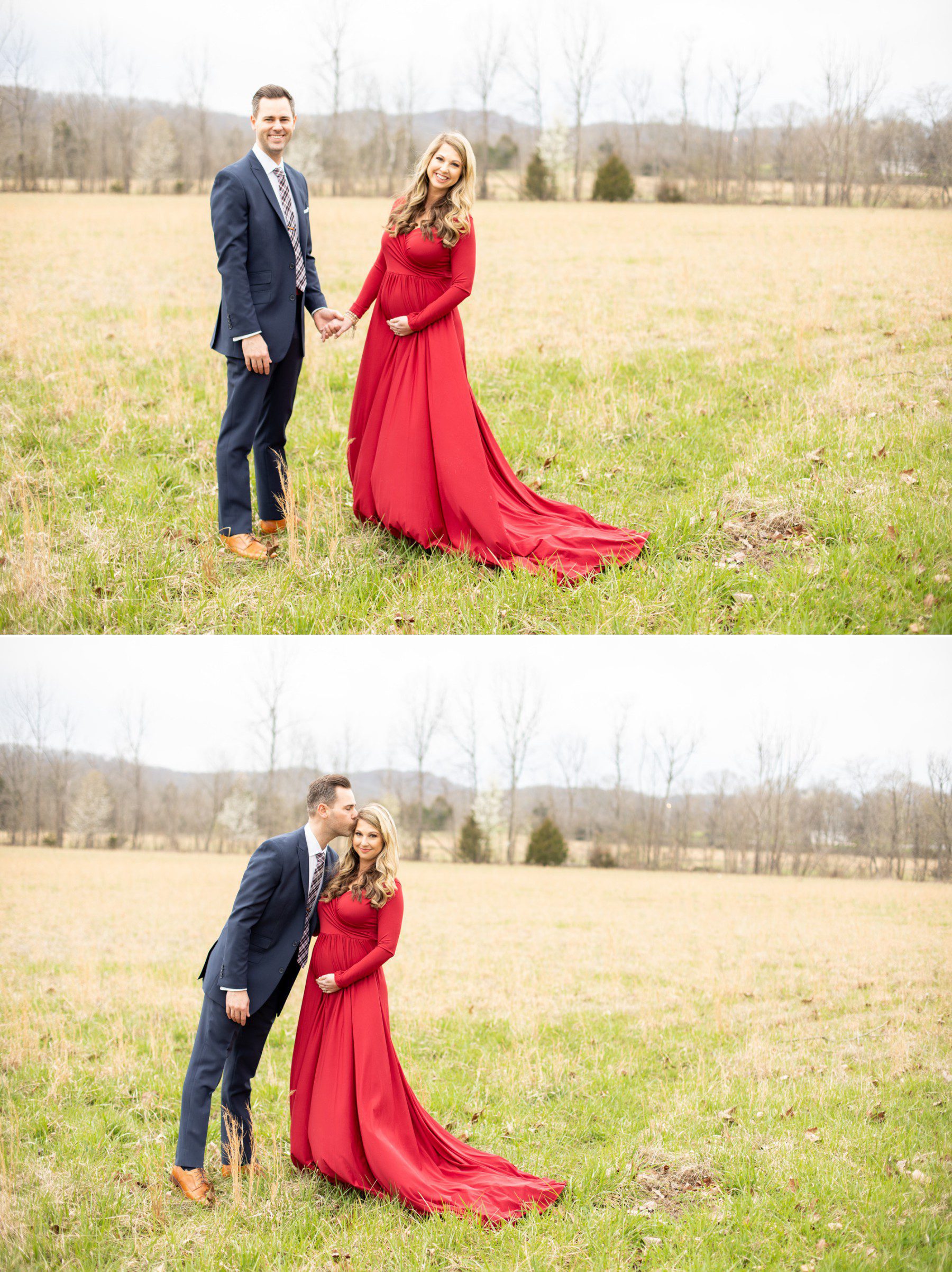 Maternity session with suit and long red gown in farm field Mint Springs Farm Nolensville, TN