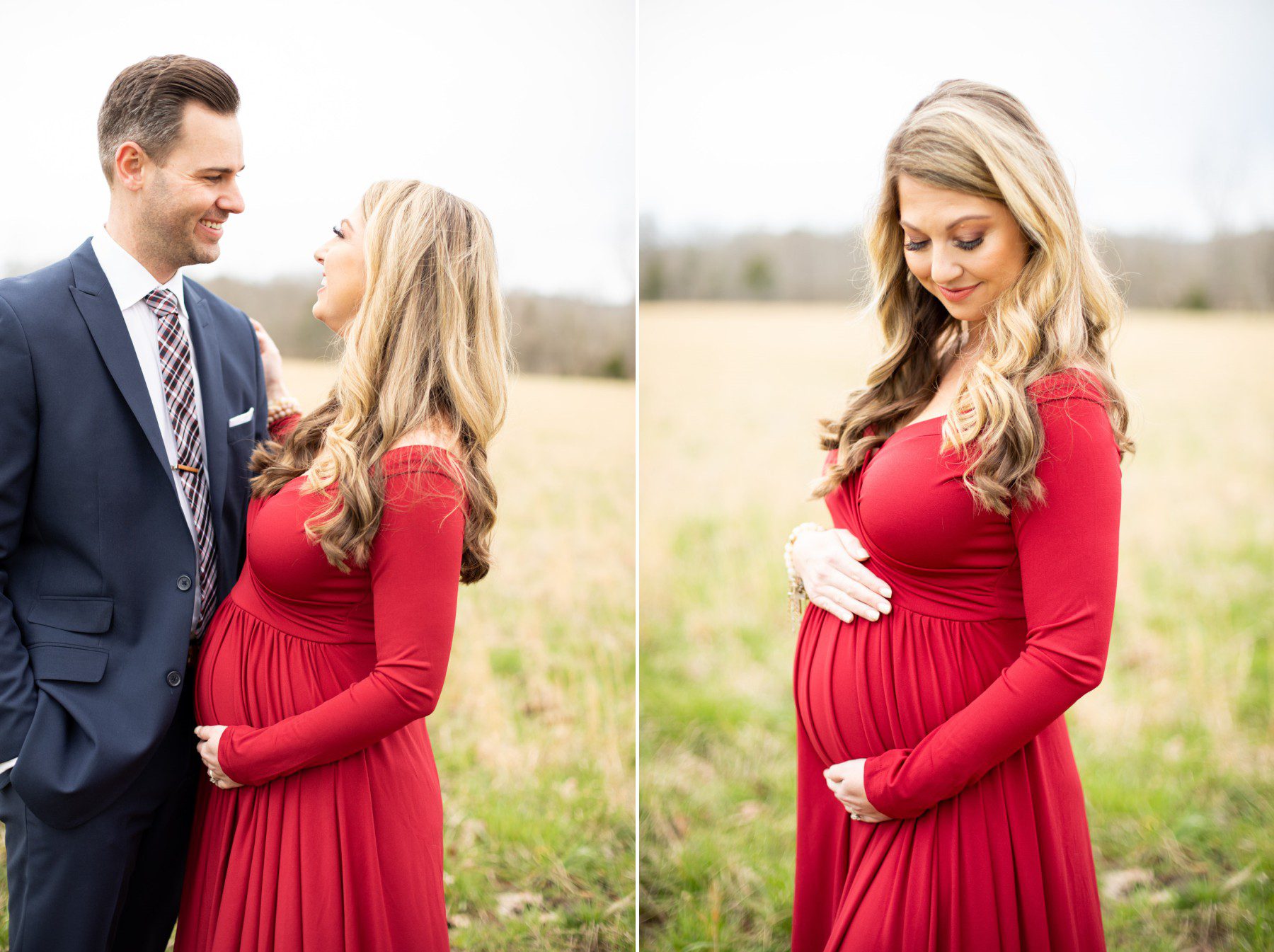 Vibrant maternity session with long red dress in field 