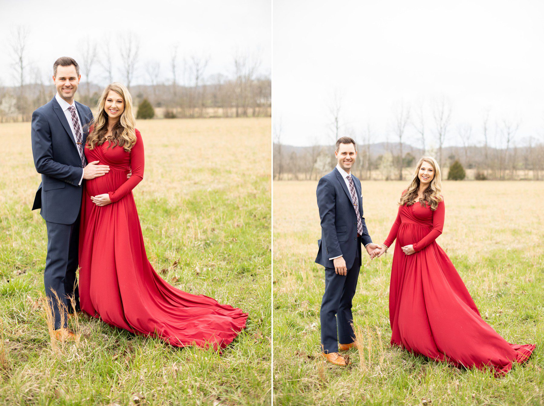 Maternity photo shoot with long red dress Mint Springs Farm Nolensville, TN