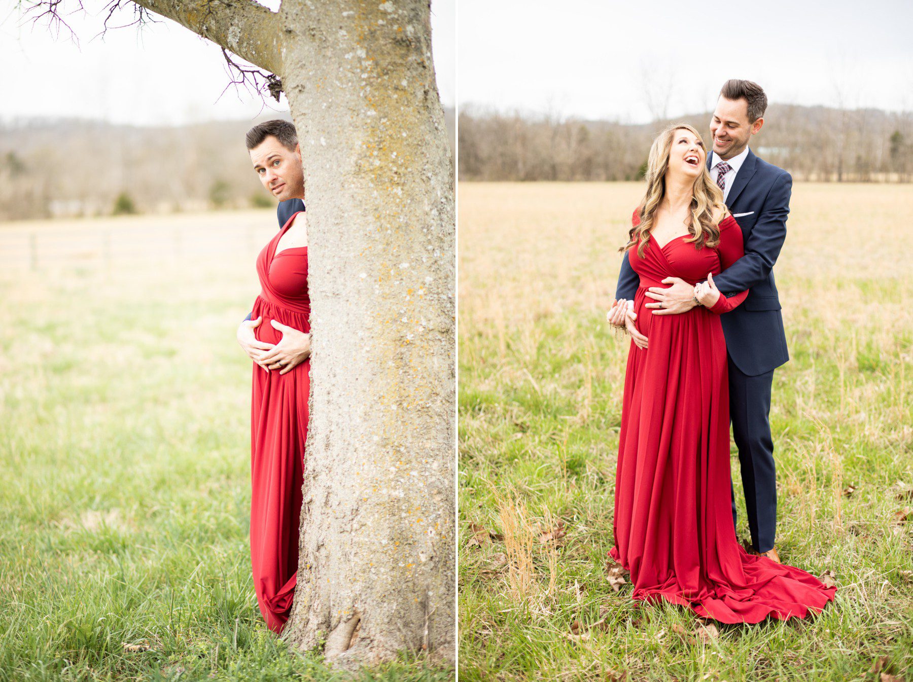 Funny outtakes Maternity shoot in field with long red gown 