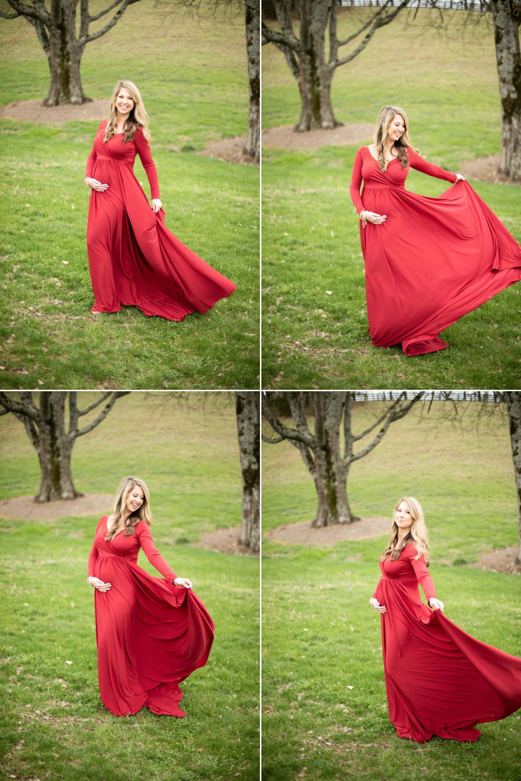 Pretty outdoor maternity photo shoot with long red dress in green field 