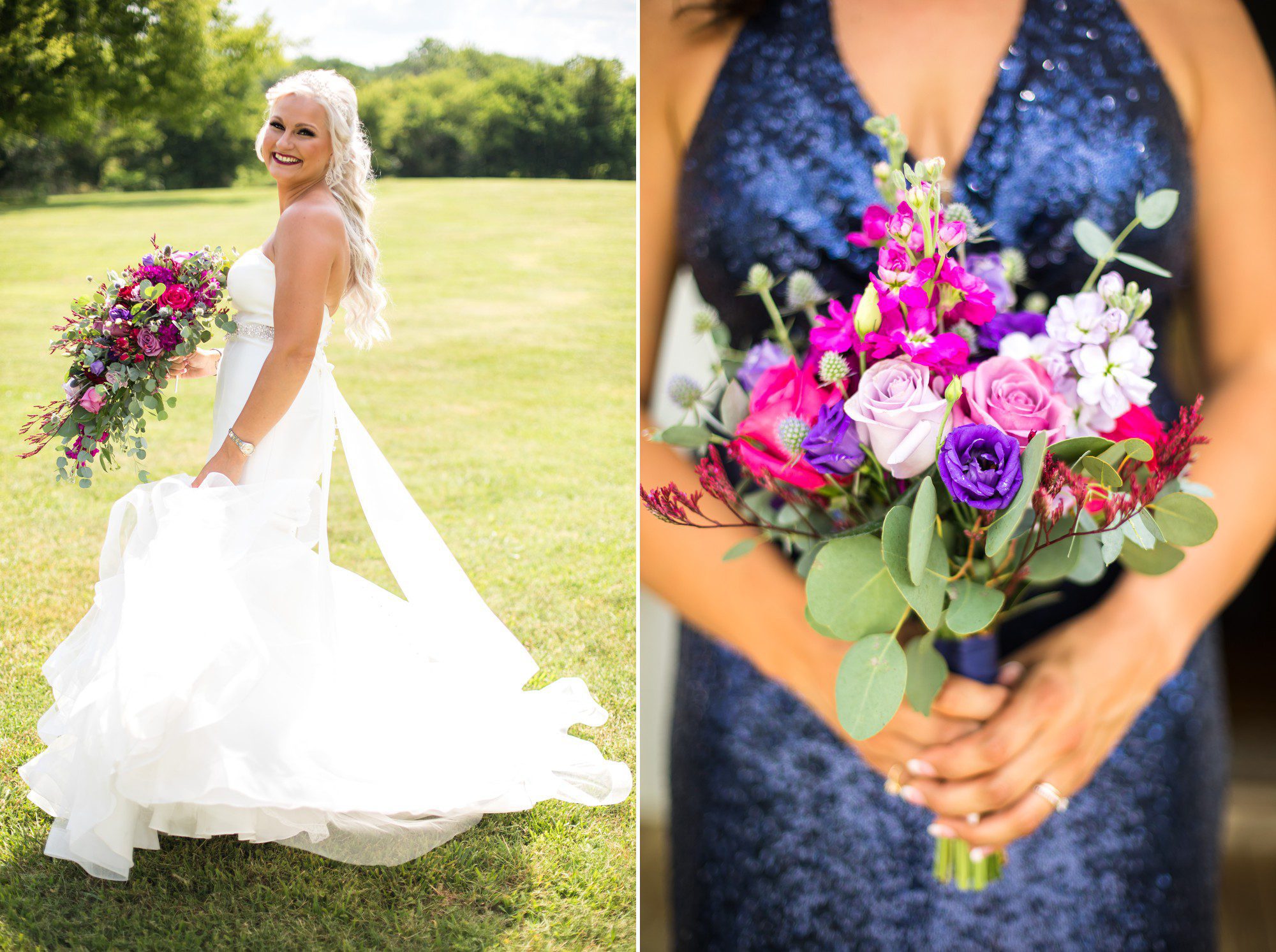 bride and jewel tone bridesmaid bouquets and navy dresses