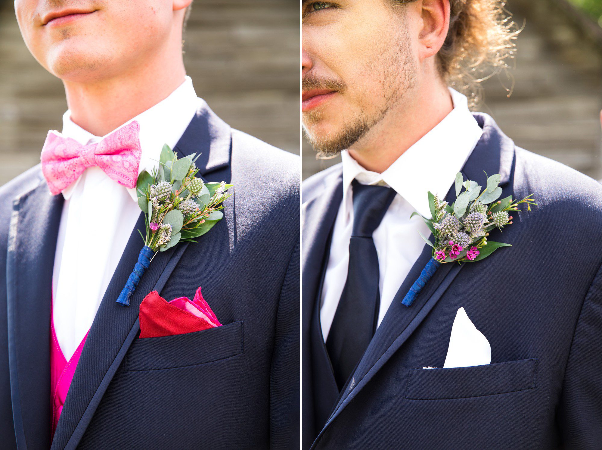 Summer wildflower boutonniere with pink bow tie 