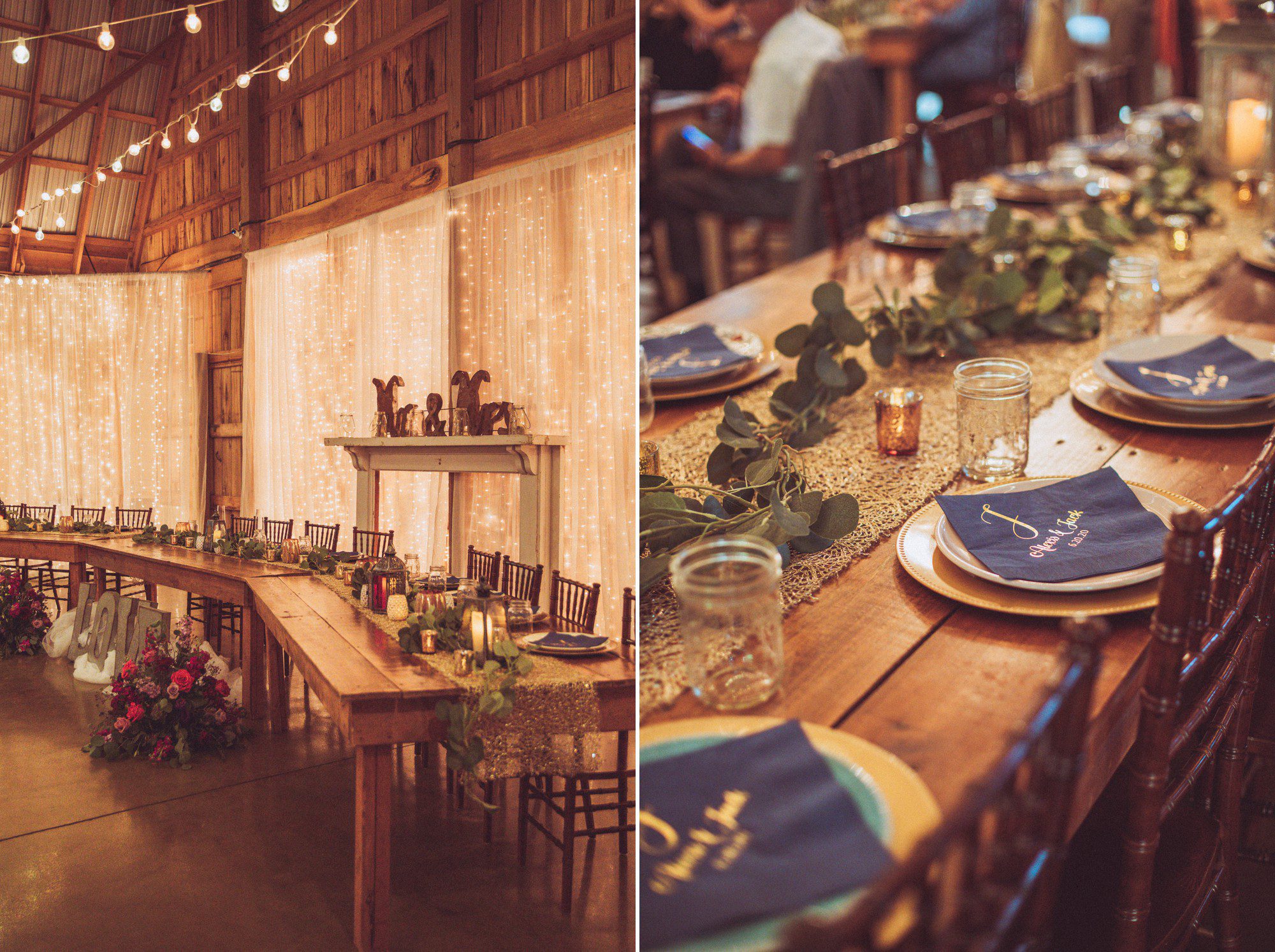 Rustic barn wedding reception decor centerpieces