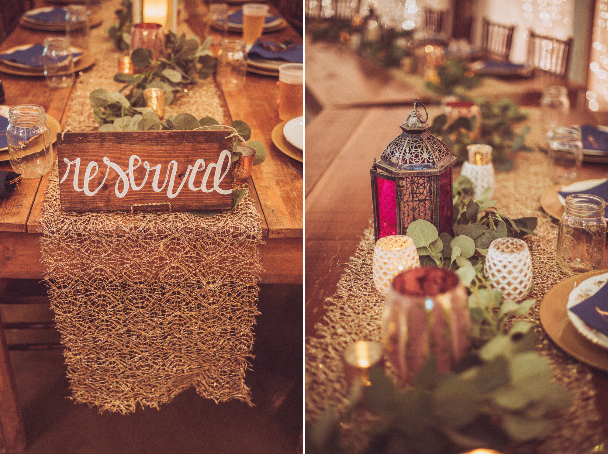 Rustic glam wedding decor with table runners and lantern centerpieces