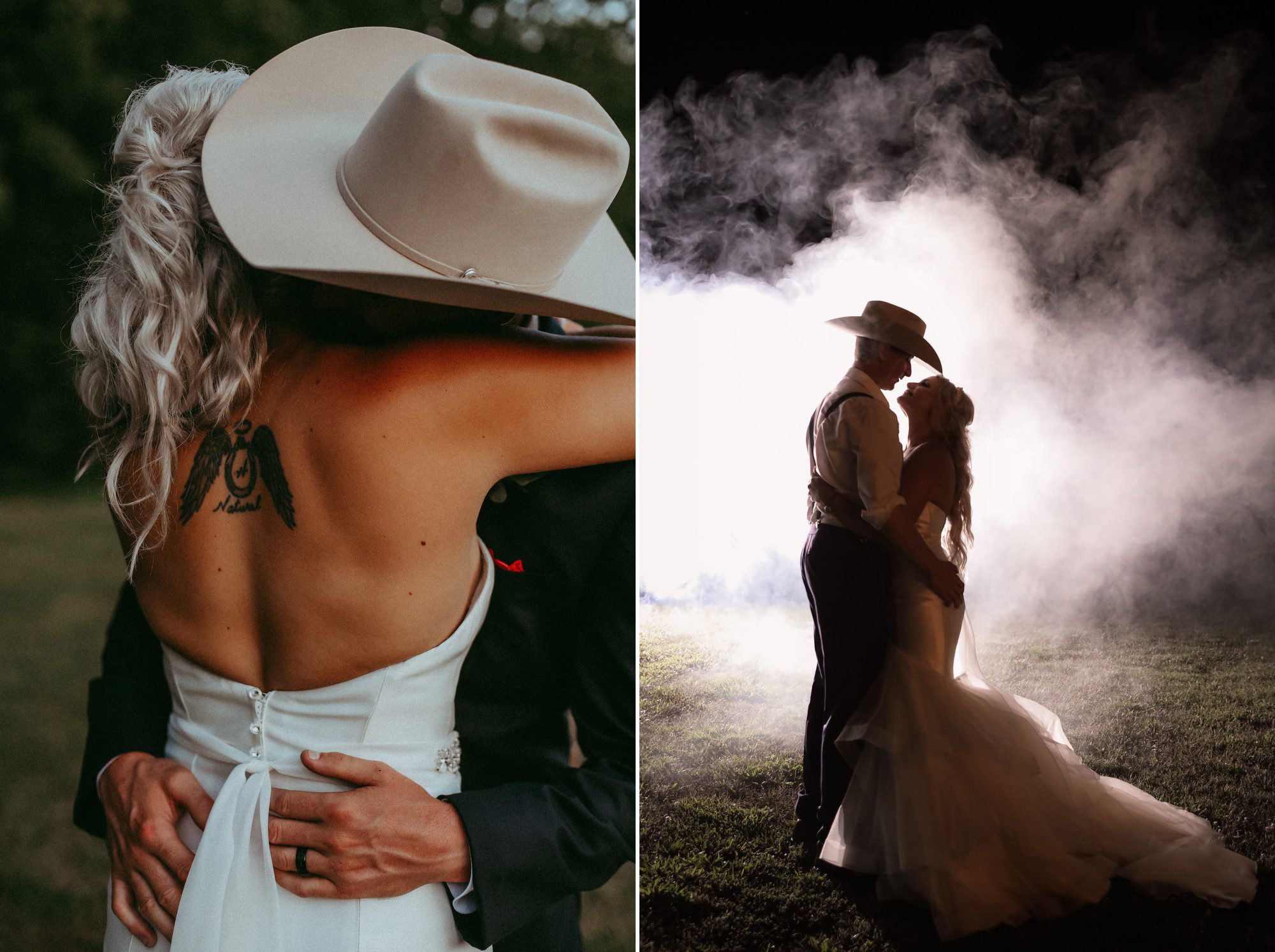 Romantic sexy wedding portraits at night with bride and groom smoke bomb