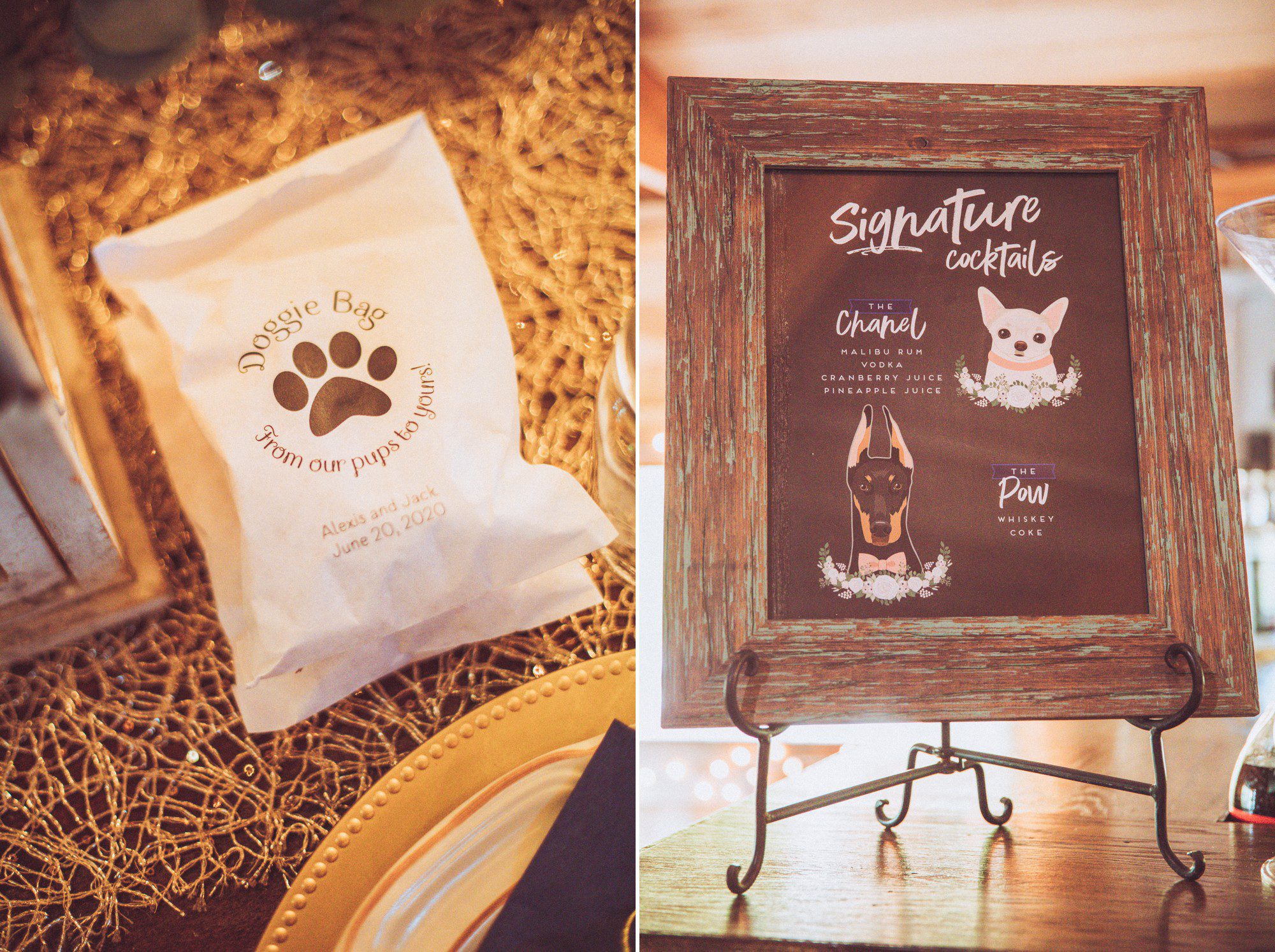 Dogs in the wedding favors and cocktail menu