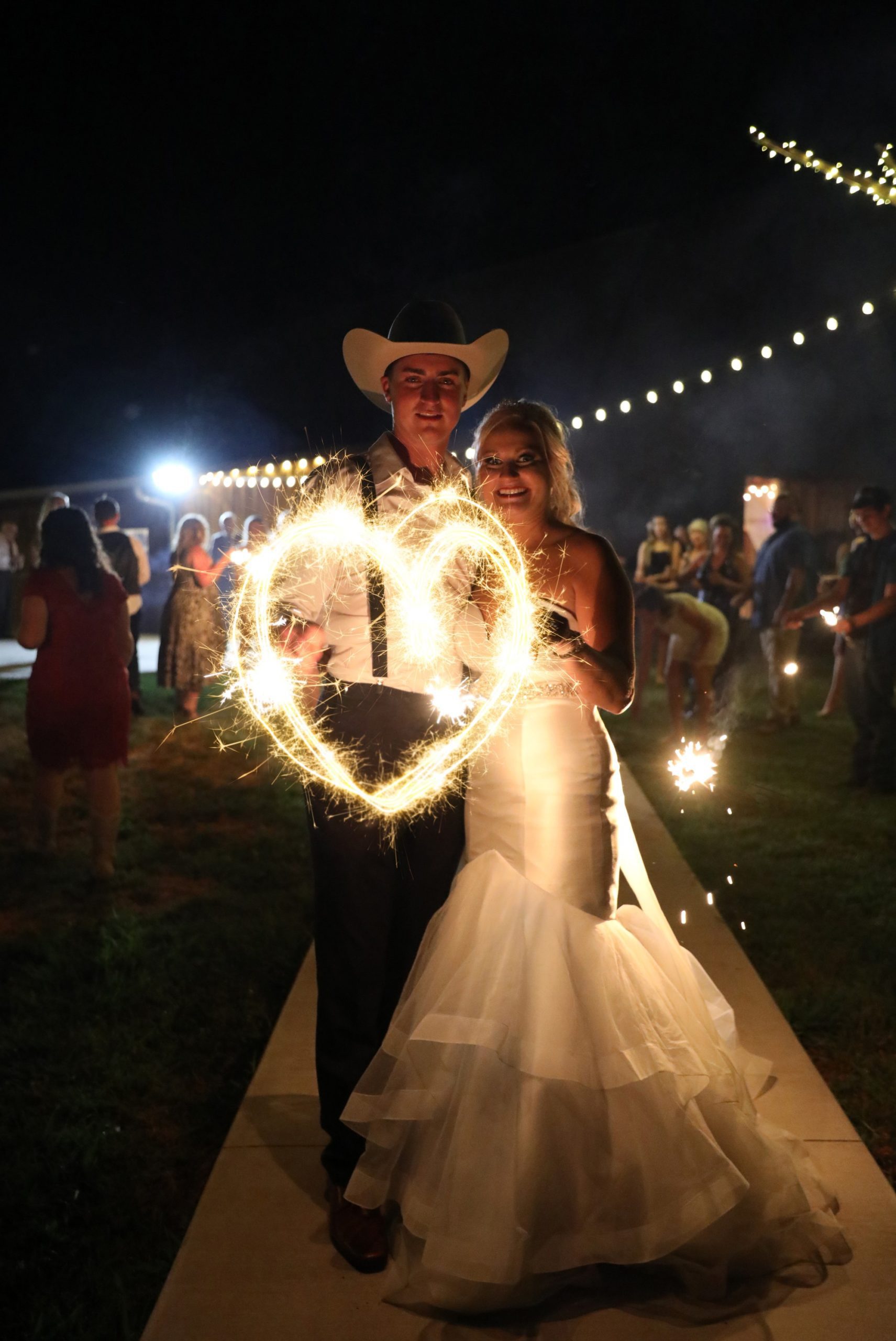 Romantic sparkler heart with bride and groom on wedding day 