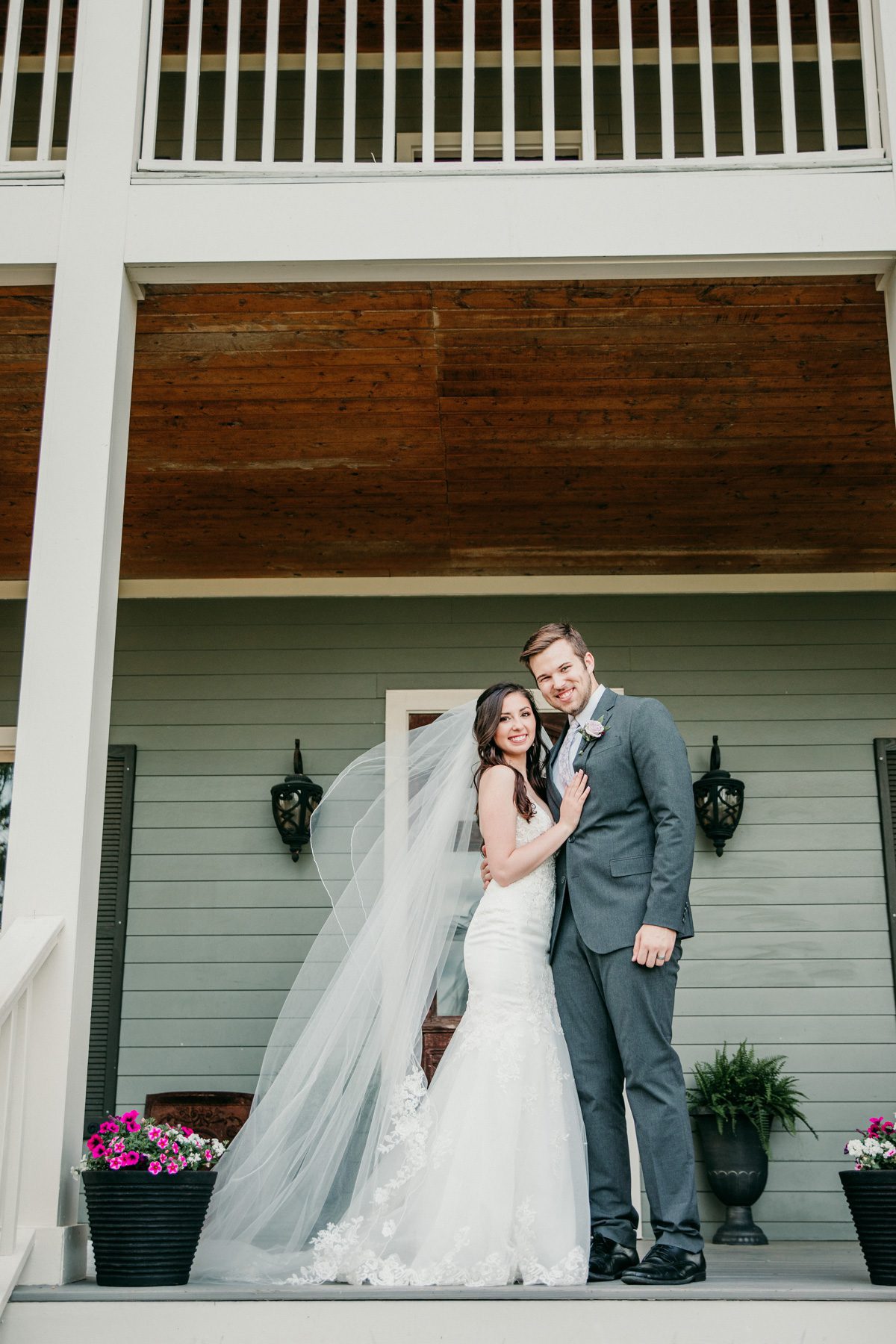 Bride and groom on porch at Front Porch Farms Tennessee 