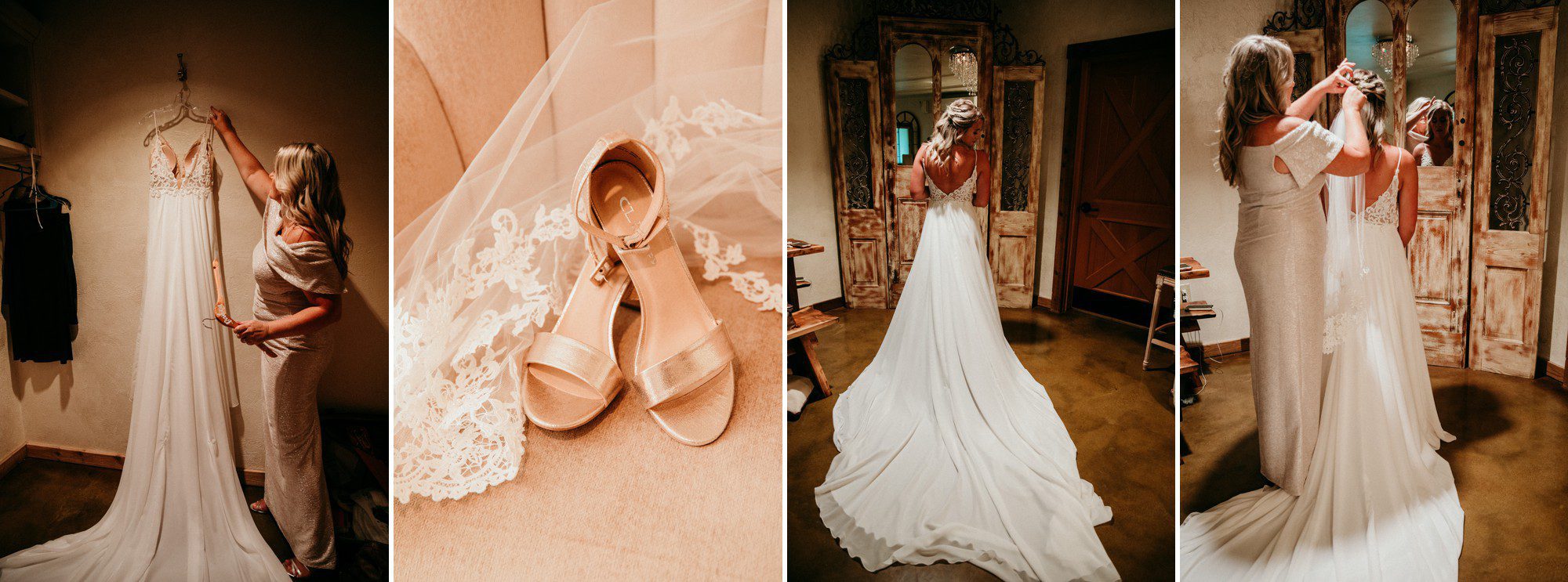 Bride getting ready in the bridal suite with dress and shoe details