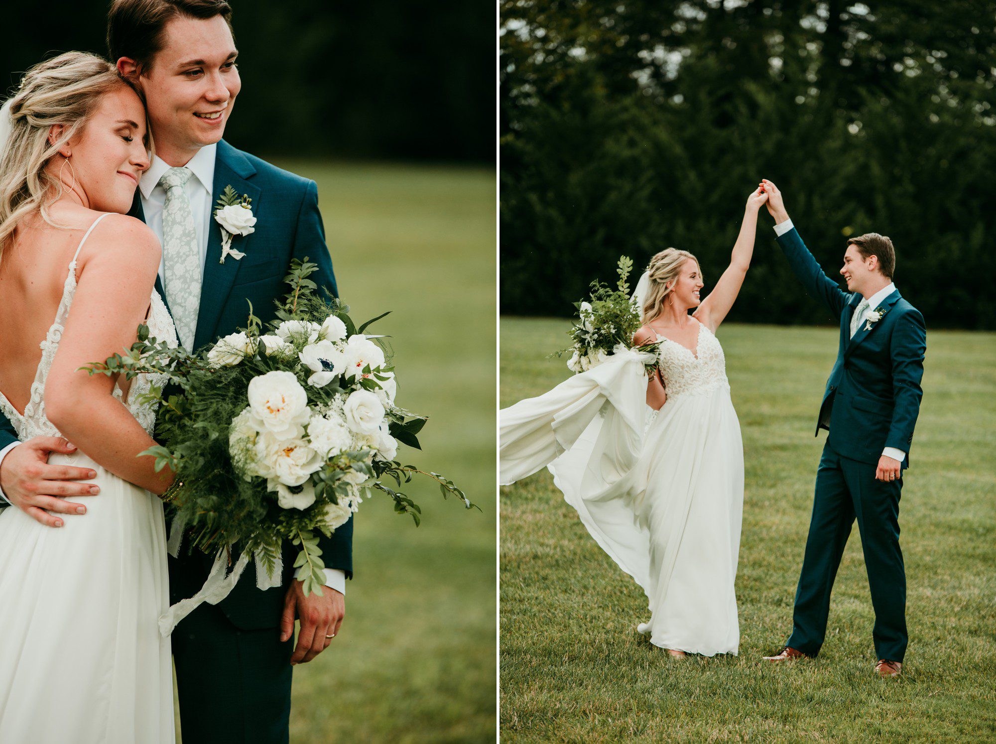 Outdoor wedding photos with bride and groom in field at The Barn at Sycamore Farms Arrington, TN