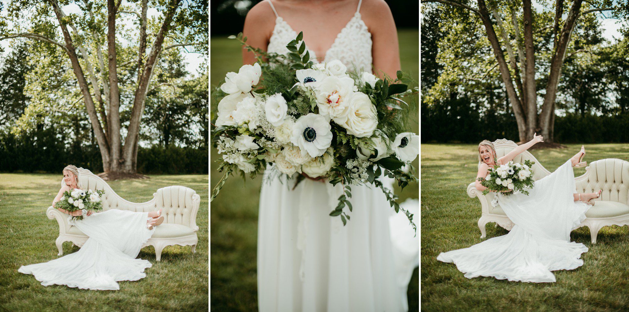Bridal portraits with couch in field at The Barn at Sycamore Farms Arrington, TN