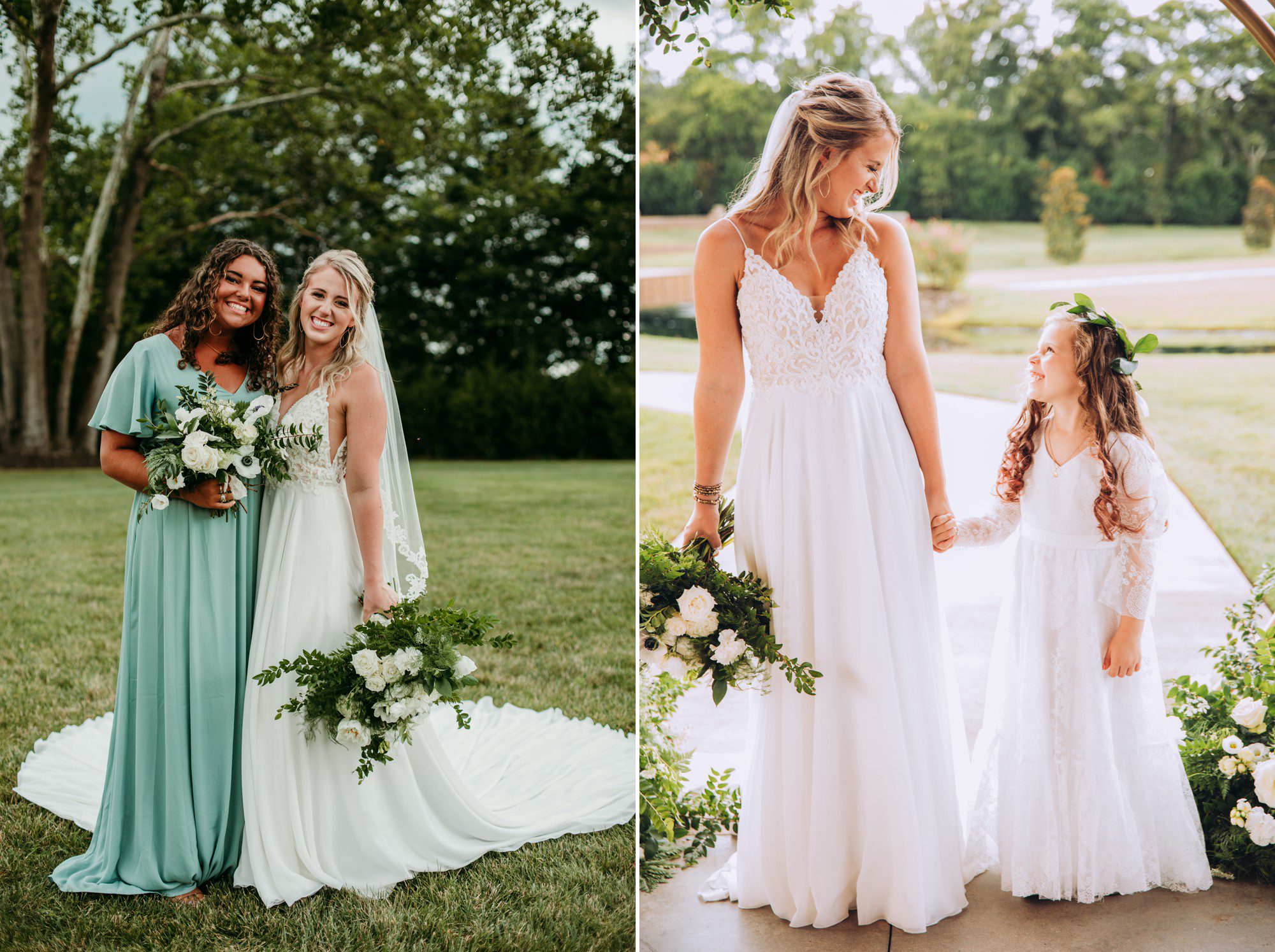 Aqua bridesmaid gown with white flower girl with greenery halo